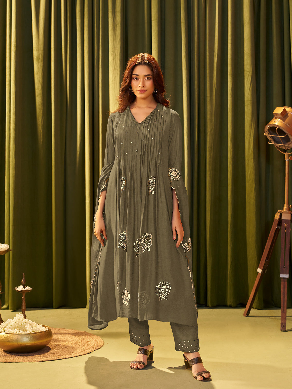 Dharini Olive Green Chanderi Foil Work Suit Set