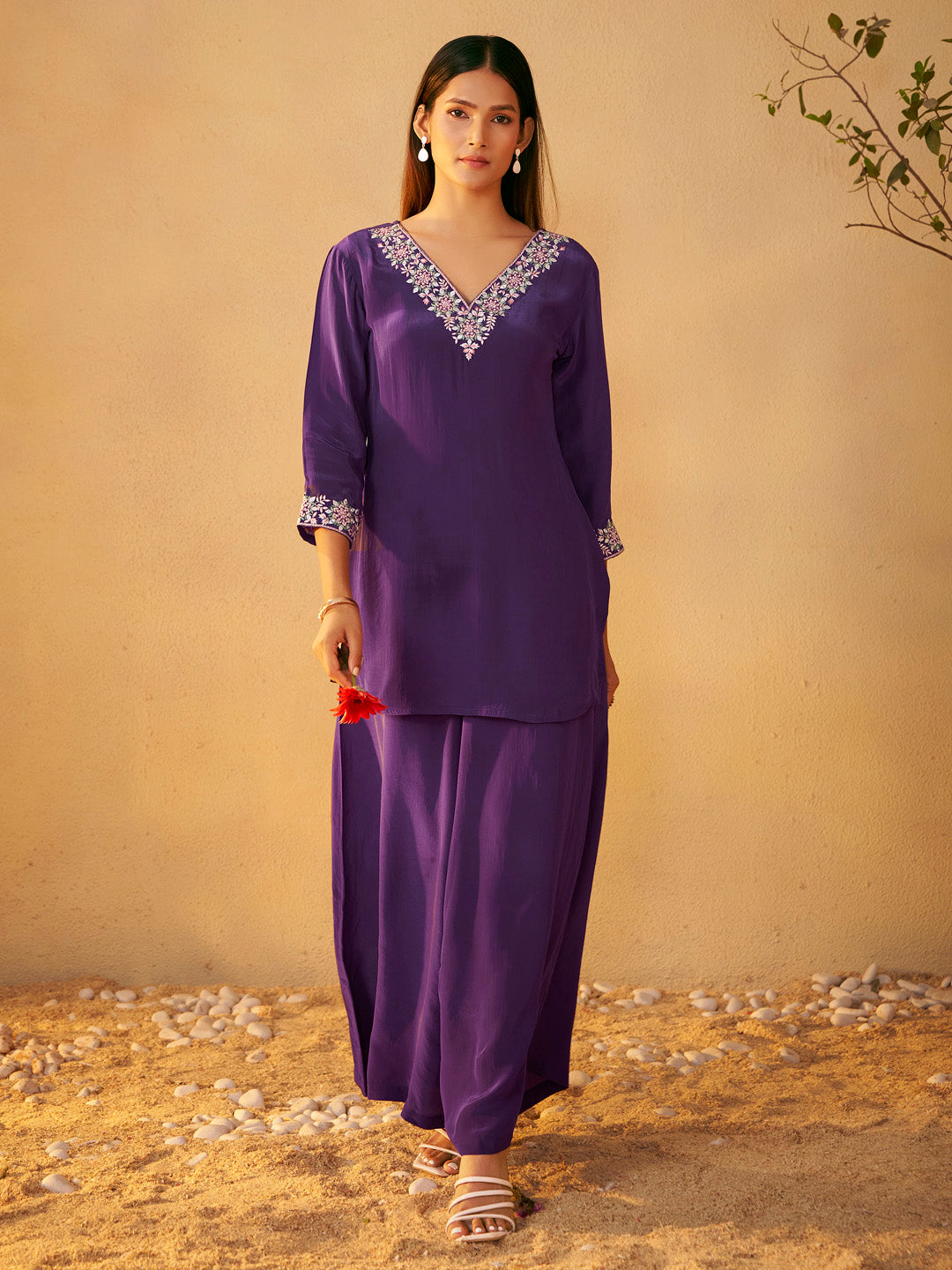 Mrinali Natural Crepe Embroidered Palazzo Set