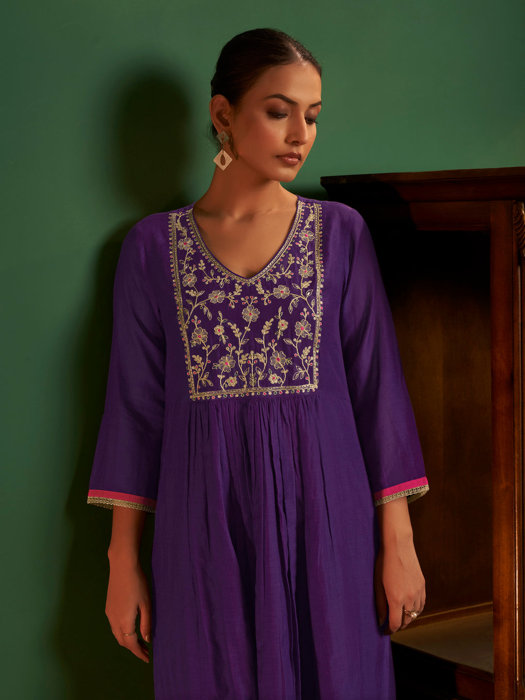 Sharanya Mul Chanderi Pleated Anarkali Set