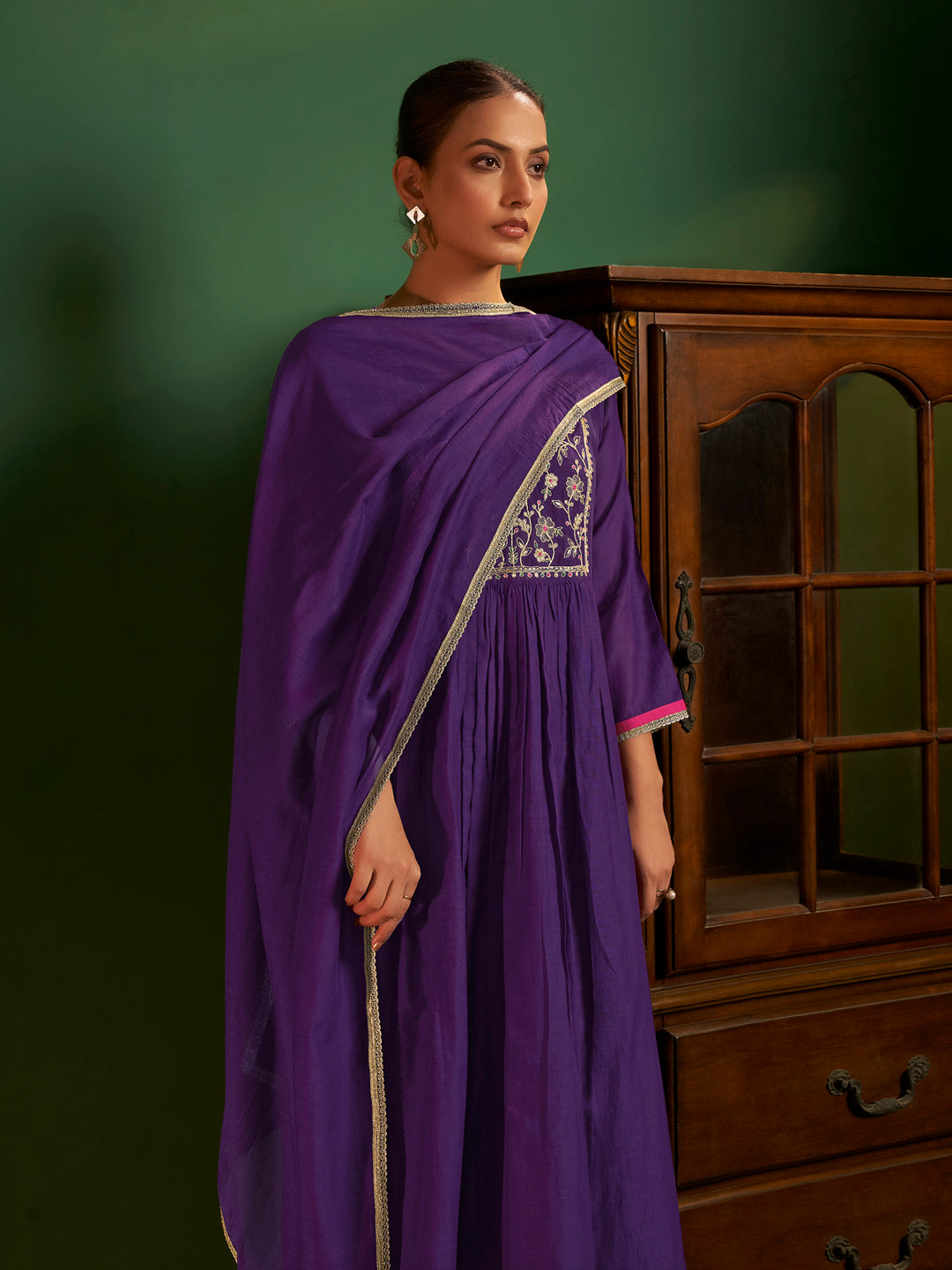 Sharanya Mul Chanderi Pleated Anarkali Set