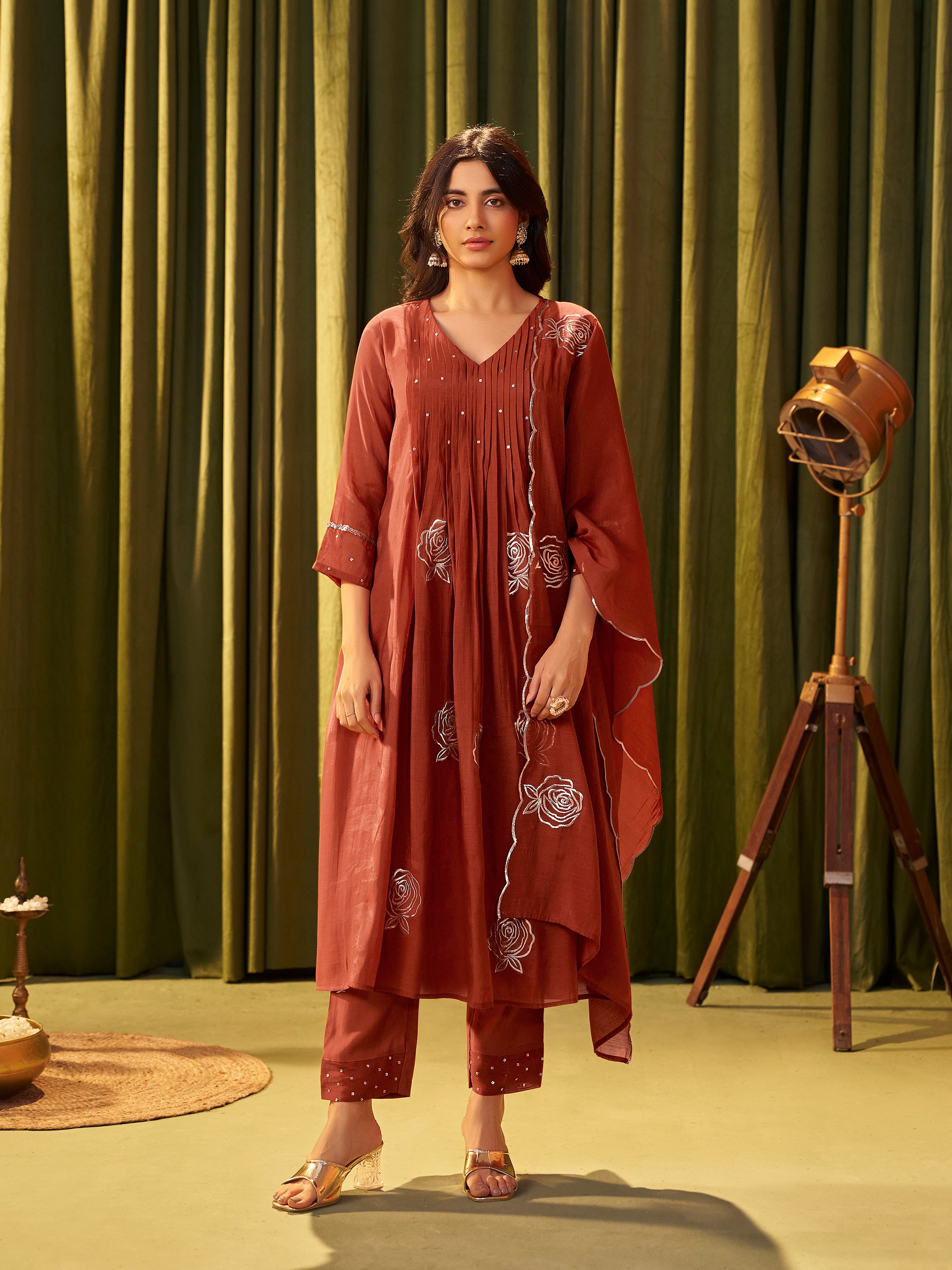Advika Maroon Mul Chanderi Suit Set