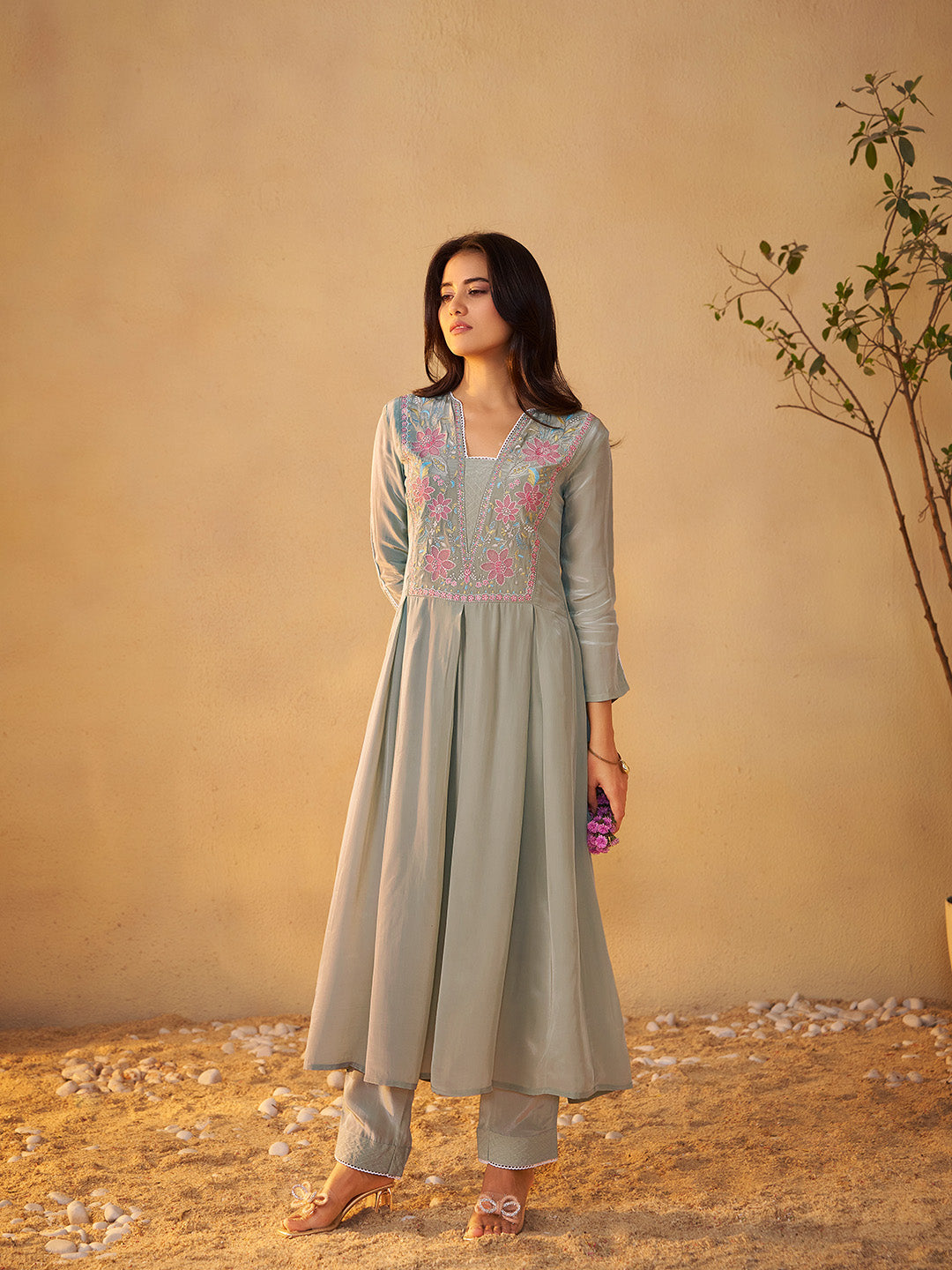 Mehira Natural Crepe Embroidered Anarkali Set