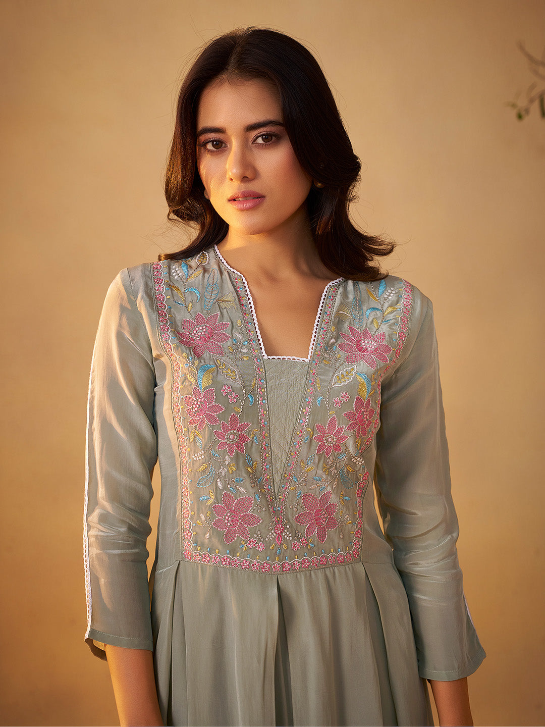 Mehira Natural Crepe Embroidered Anarkali Set