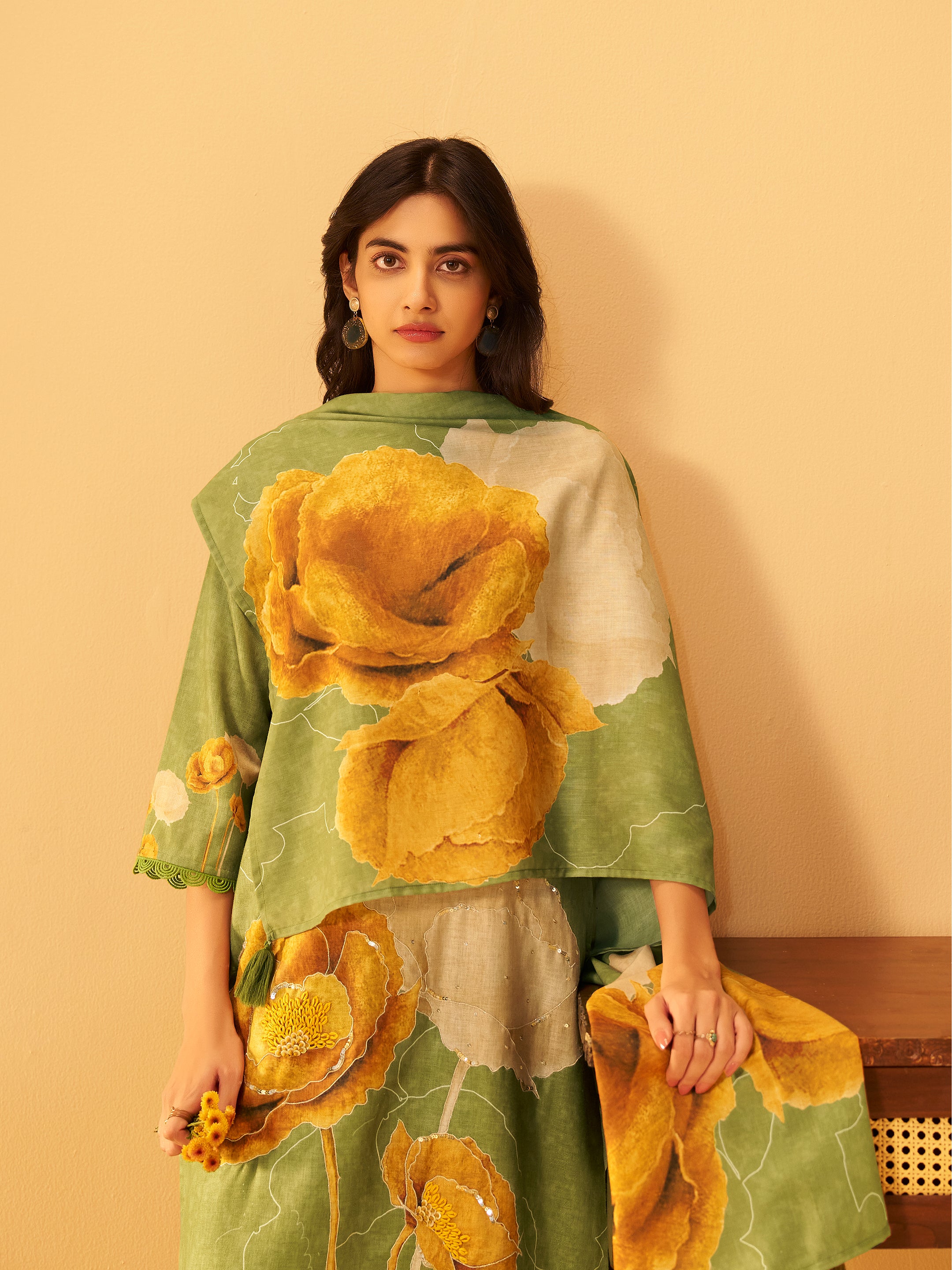 Janya Green Linen Printed Set
