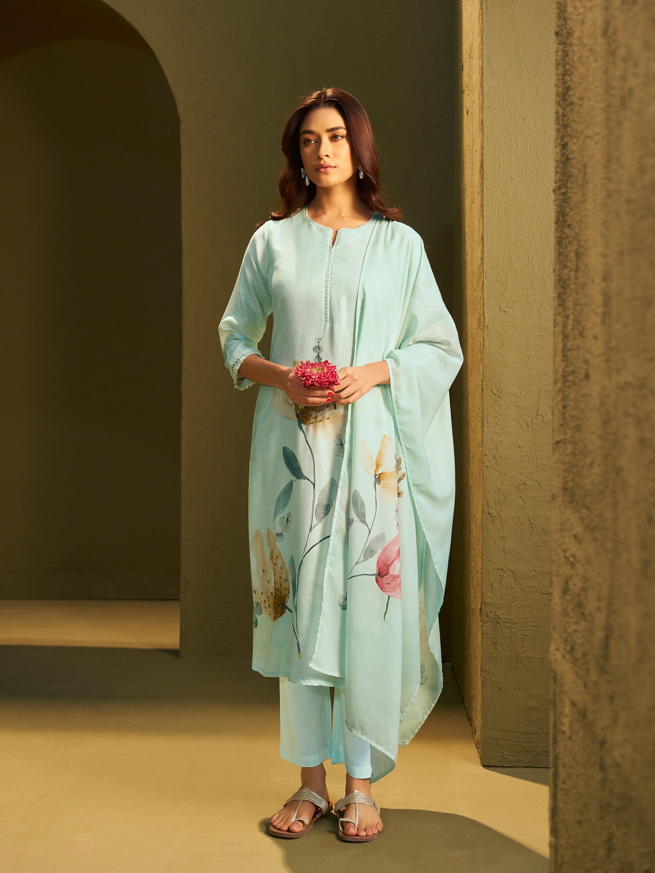 Charvi Sea Green Linen Printed Set