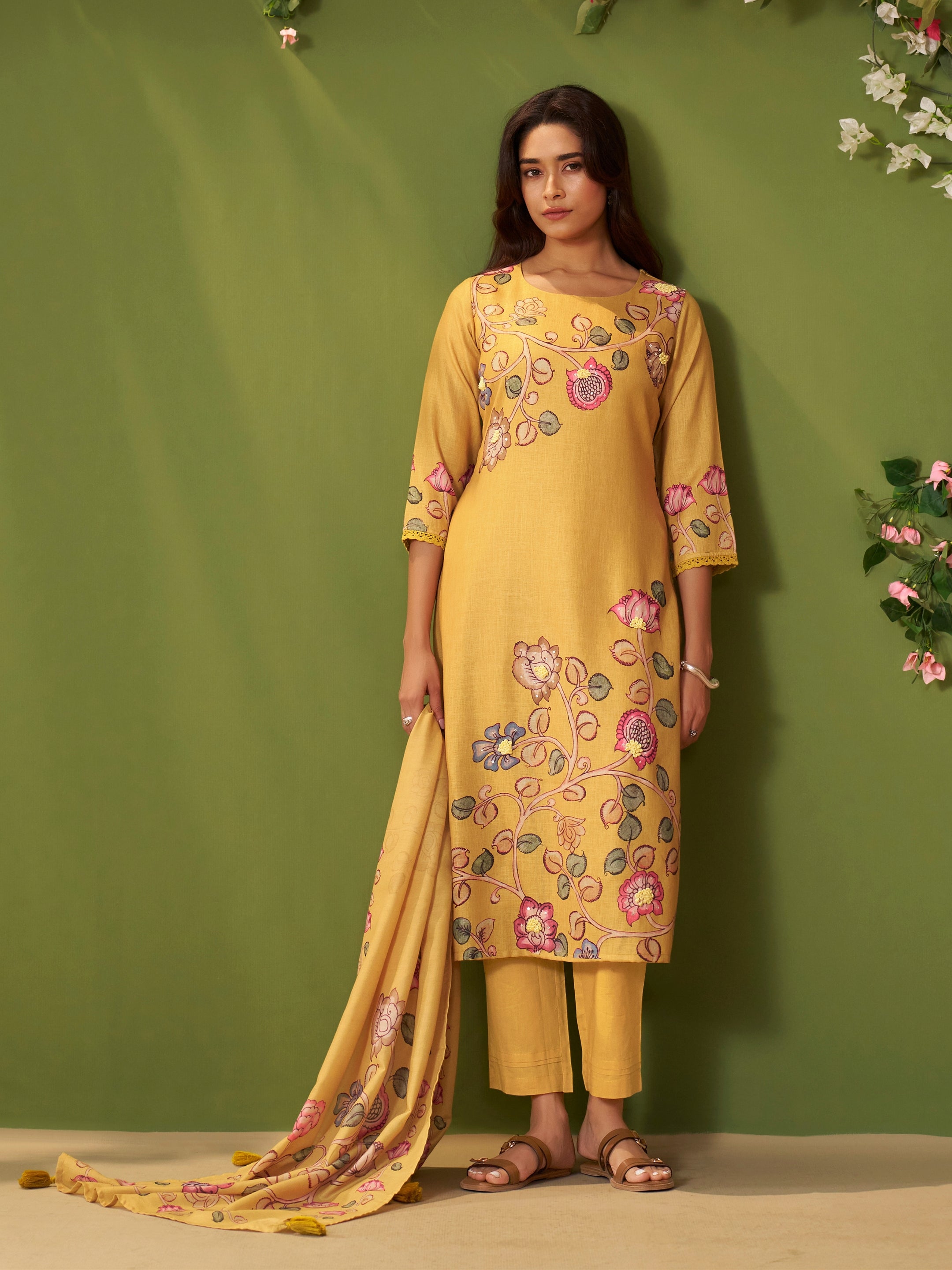 Kesari Yellow Linen Mul Suit Set