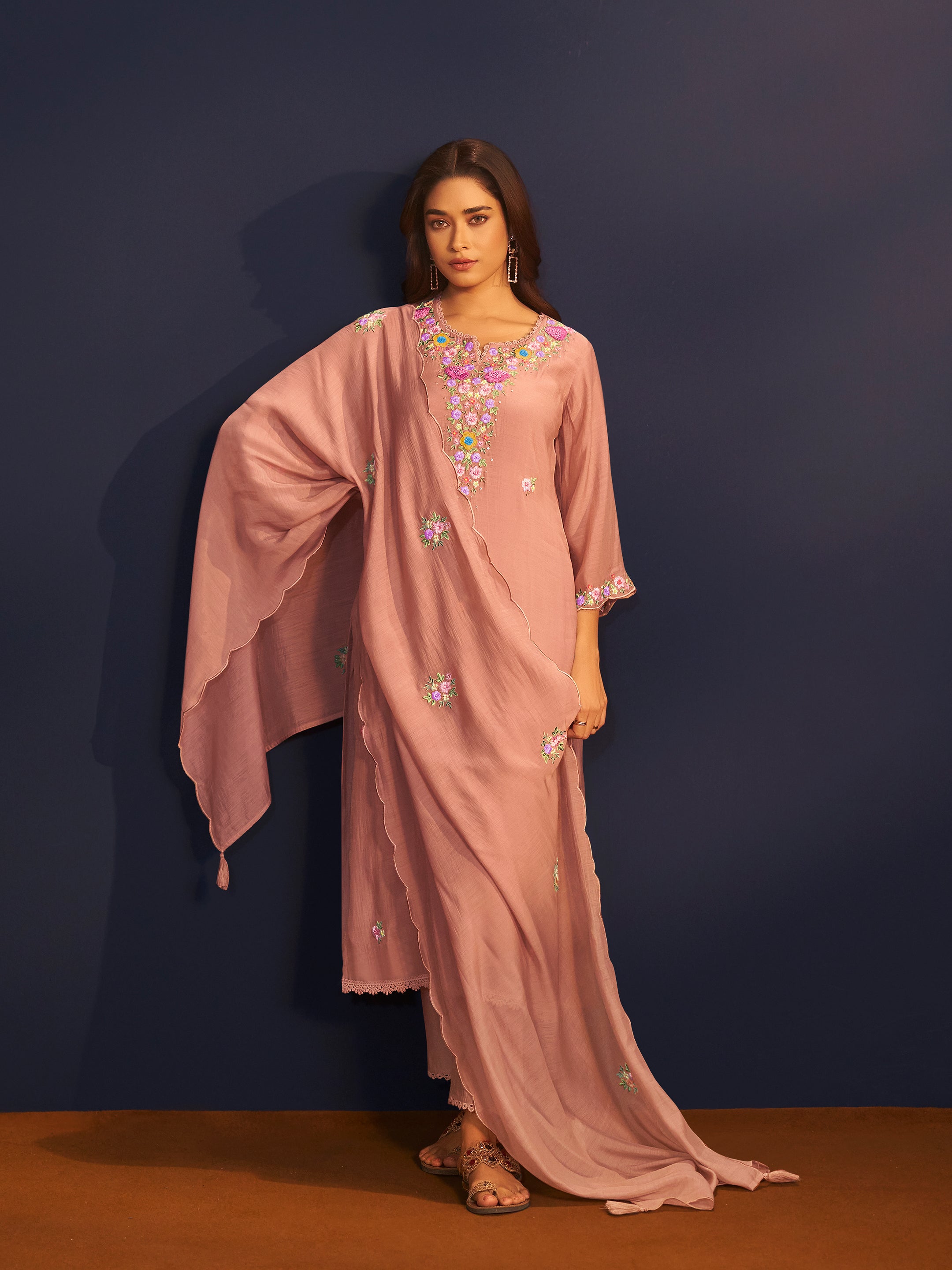 Navika Peach Mul Chanderi Handwork Set