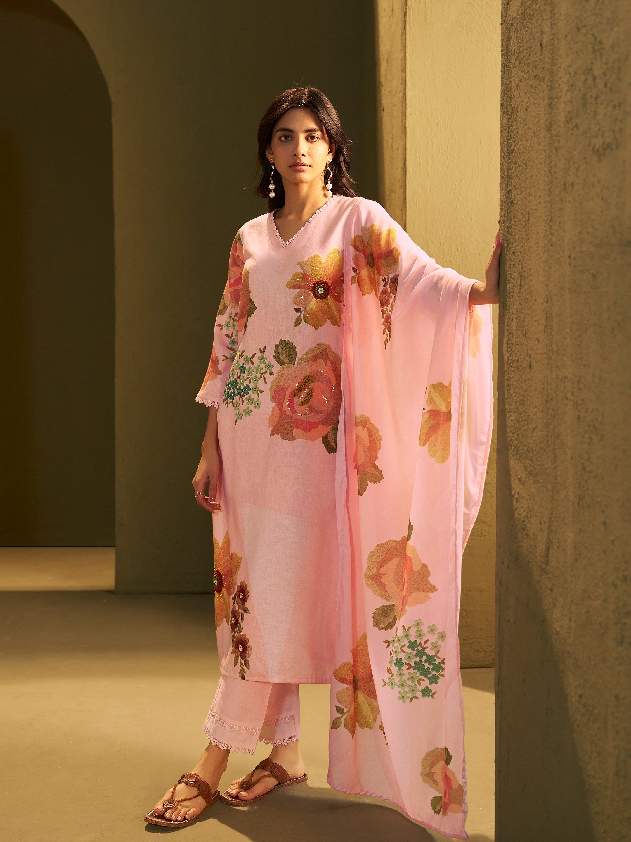 Tanvi Pink Linen Printed Set