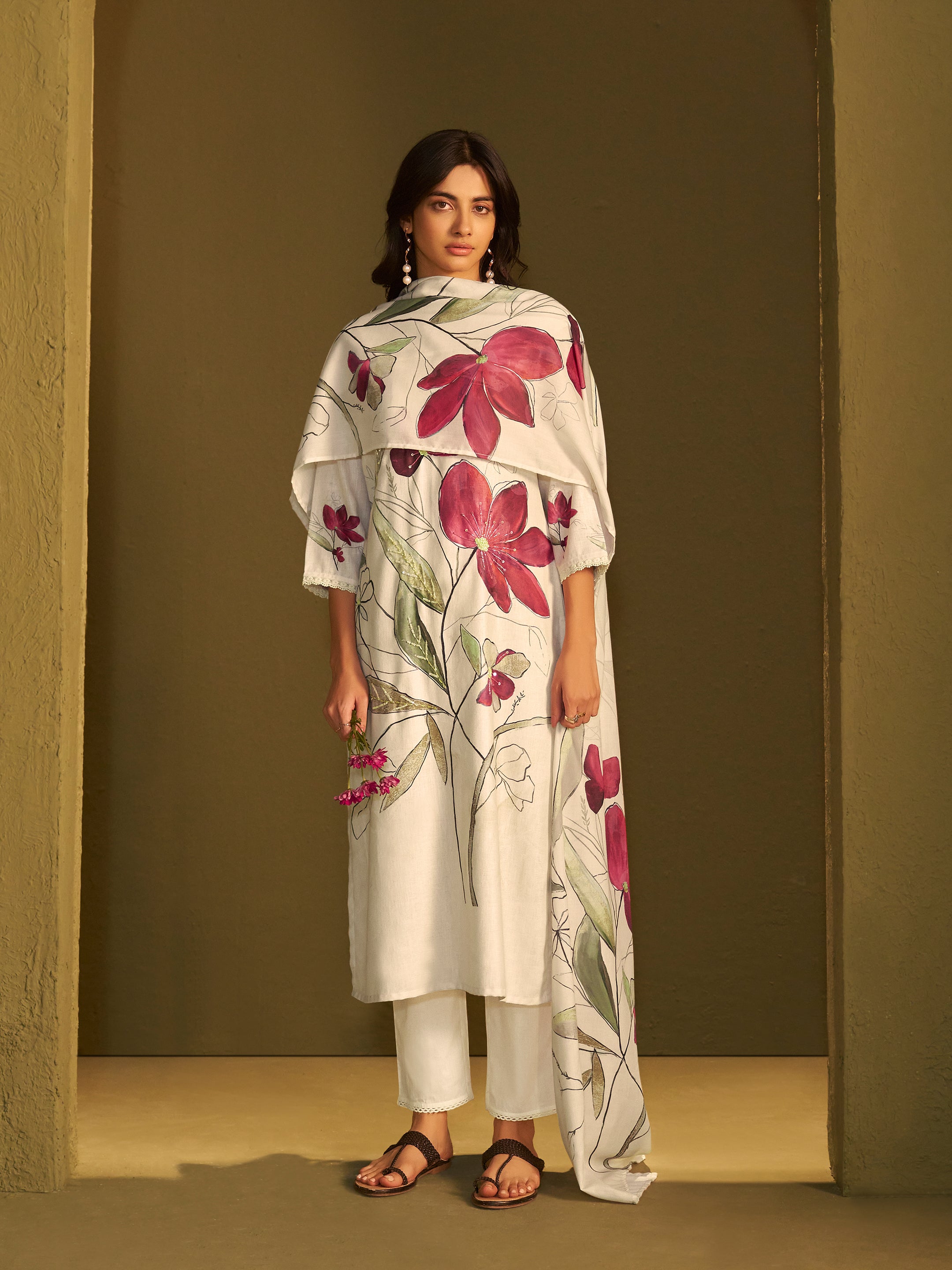 Keya White Linen Printed Set