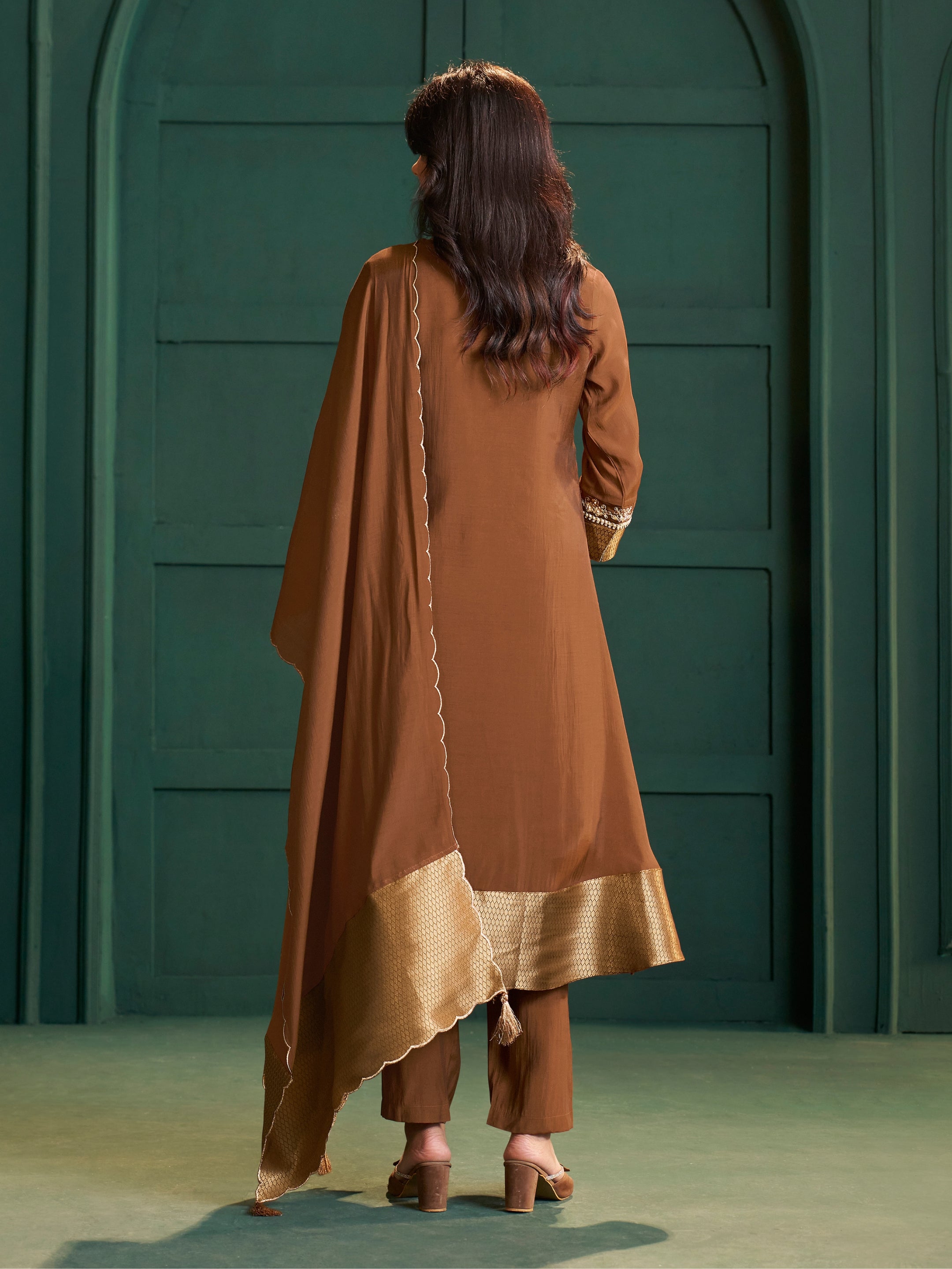 Madhura Brown Chanderi Embroidered Suit Set