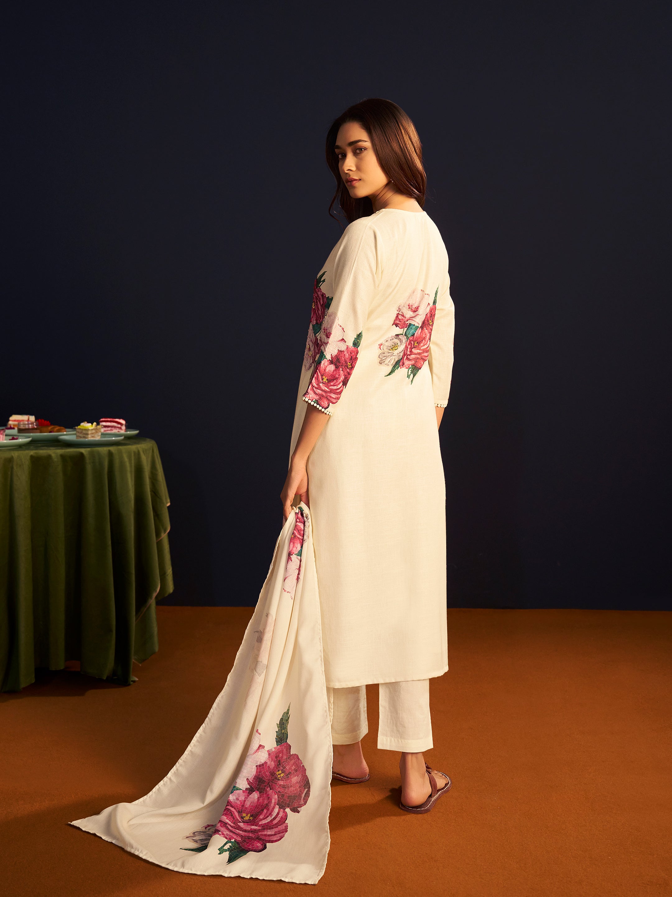 Riana White Linen Floral Printed Set