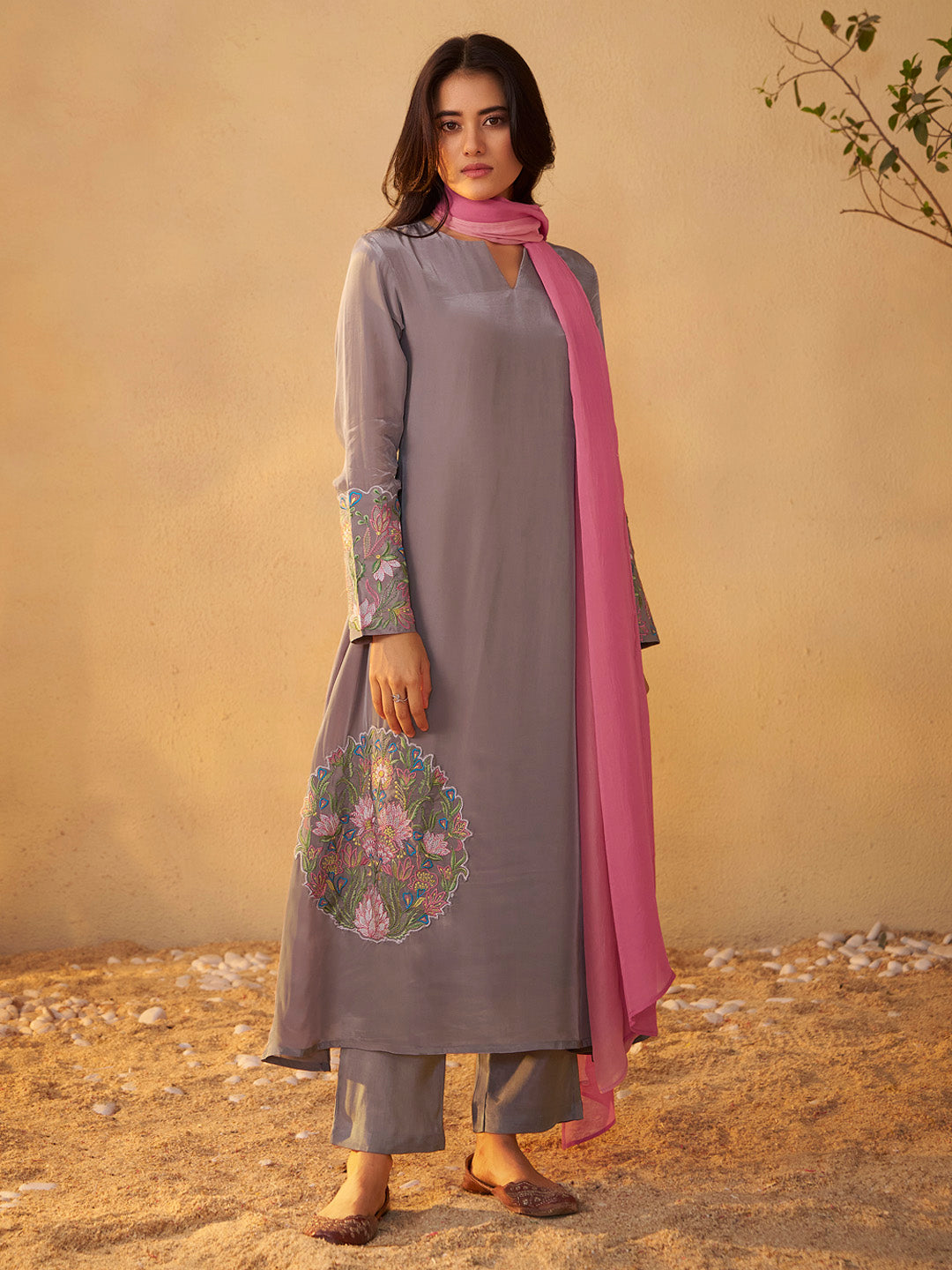 Sanjhika Natural Crepe Embroidered Kurta Set