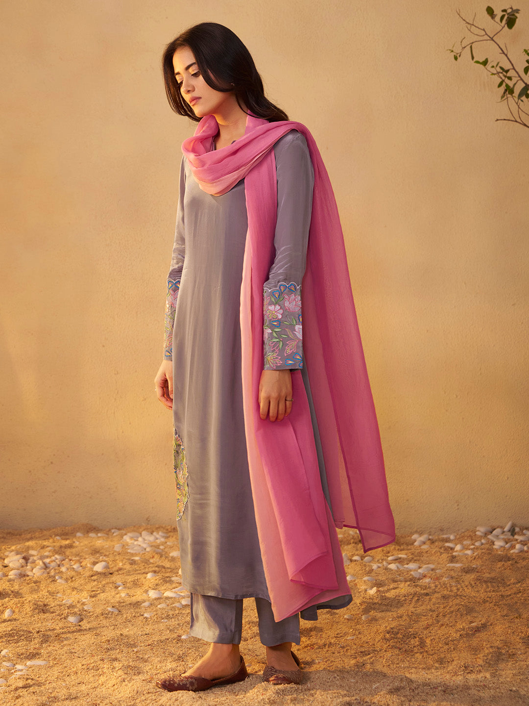 Sanjhika Natural Crepe Embroidered Kurta Set