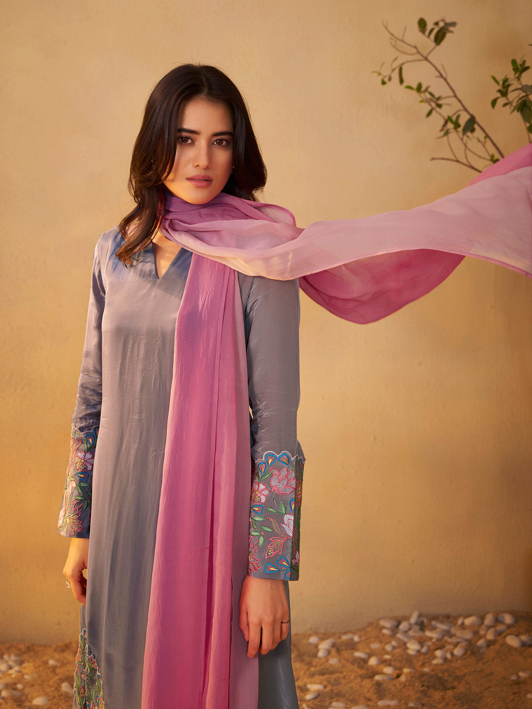 Sanjhika Natural Crepe Embroidered Kurta Set