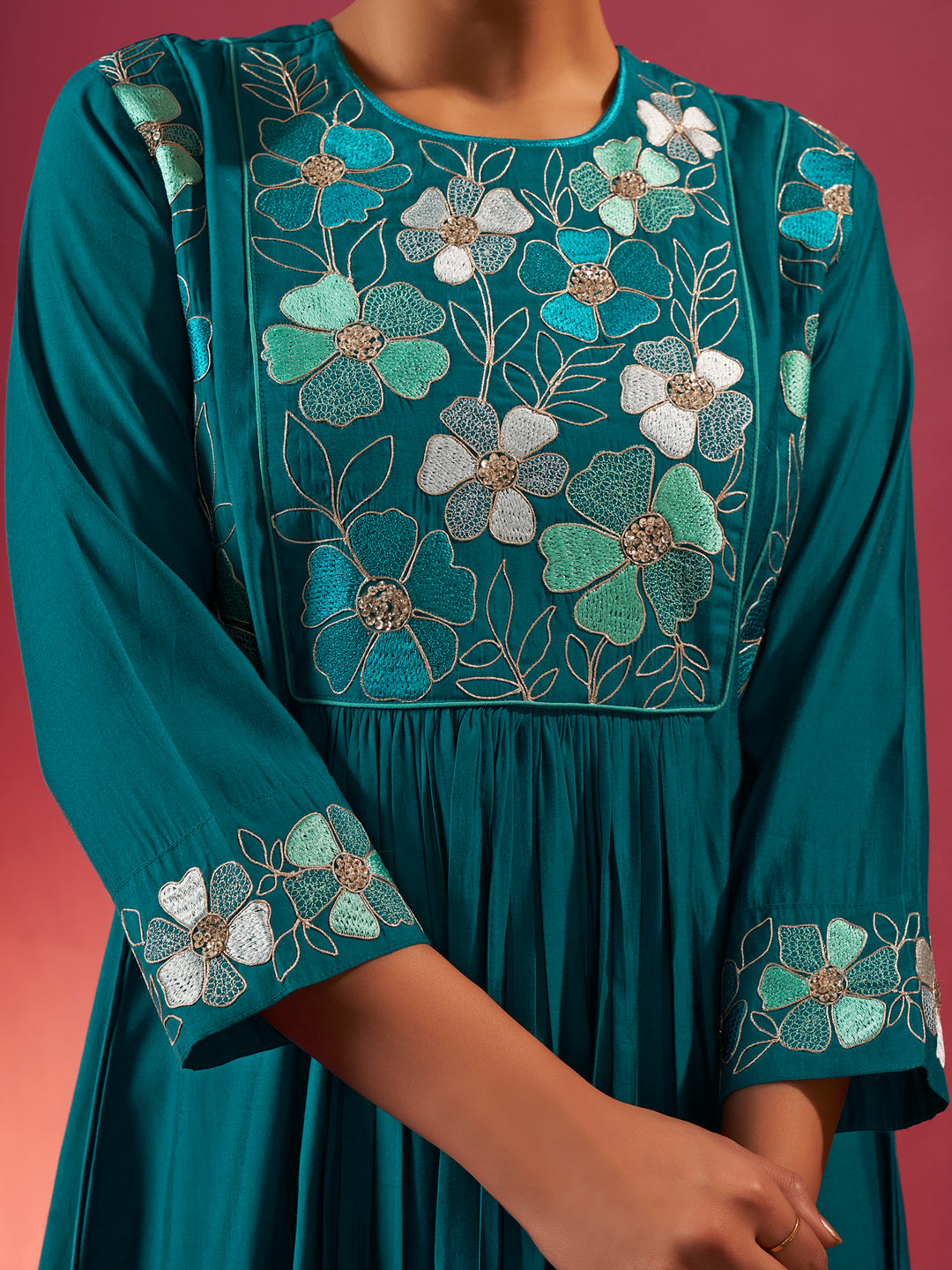 Mayra Roman Chanderi Floral Anarkali Set