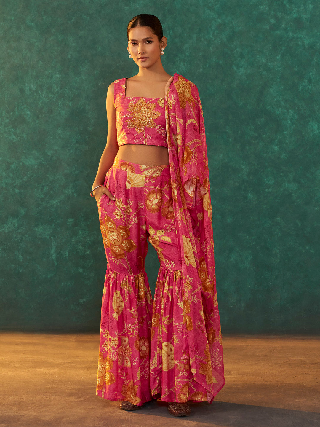 Kanira Muslin Printed Shrug Sharara Set