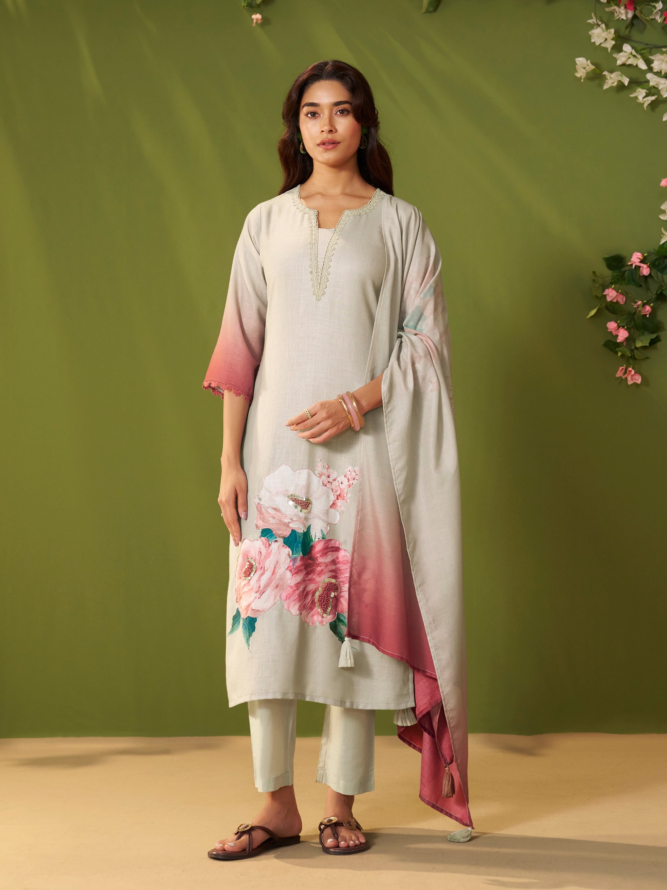 Gulabo Grey Linen Mul Suit Set
