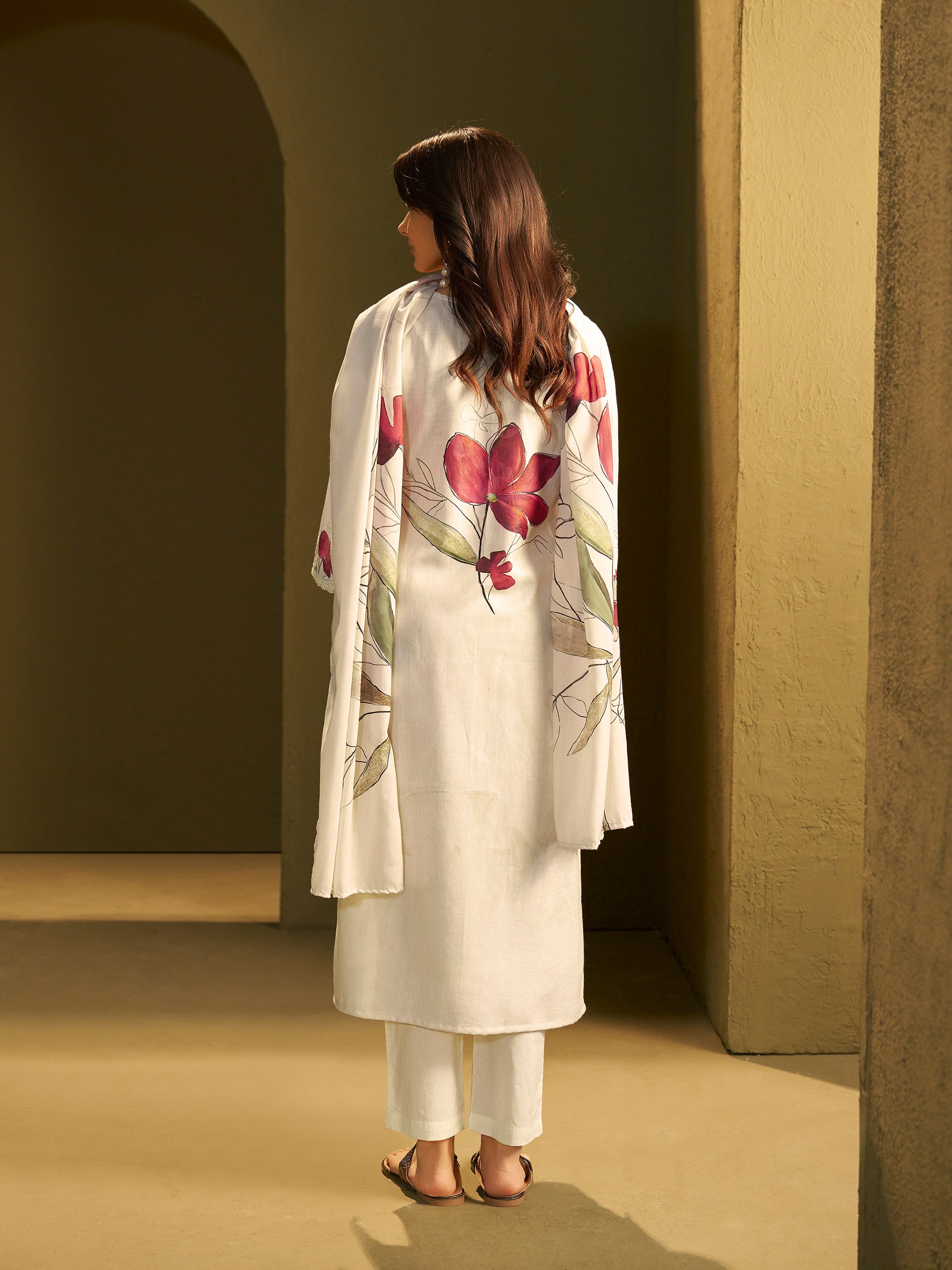 Keya White Linen Printed Set