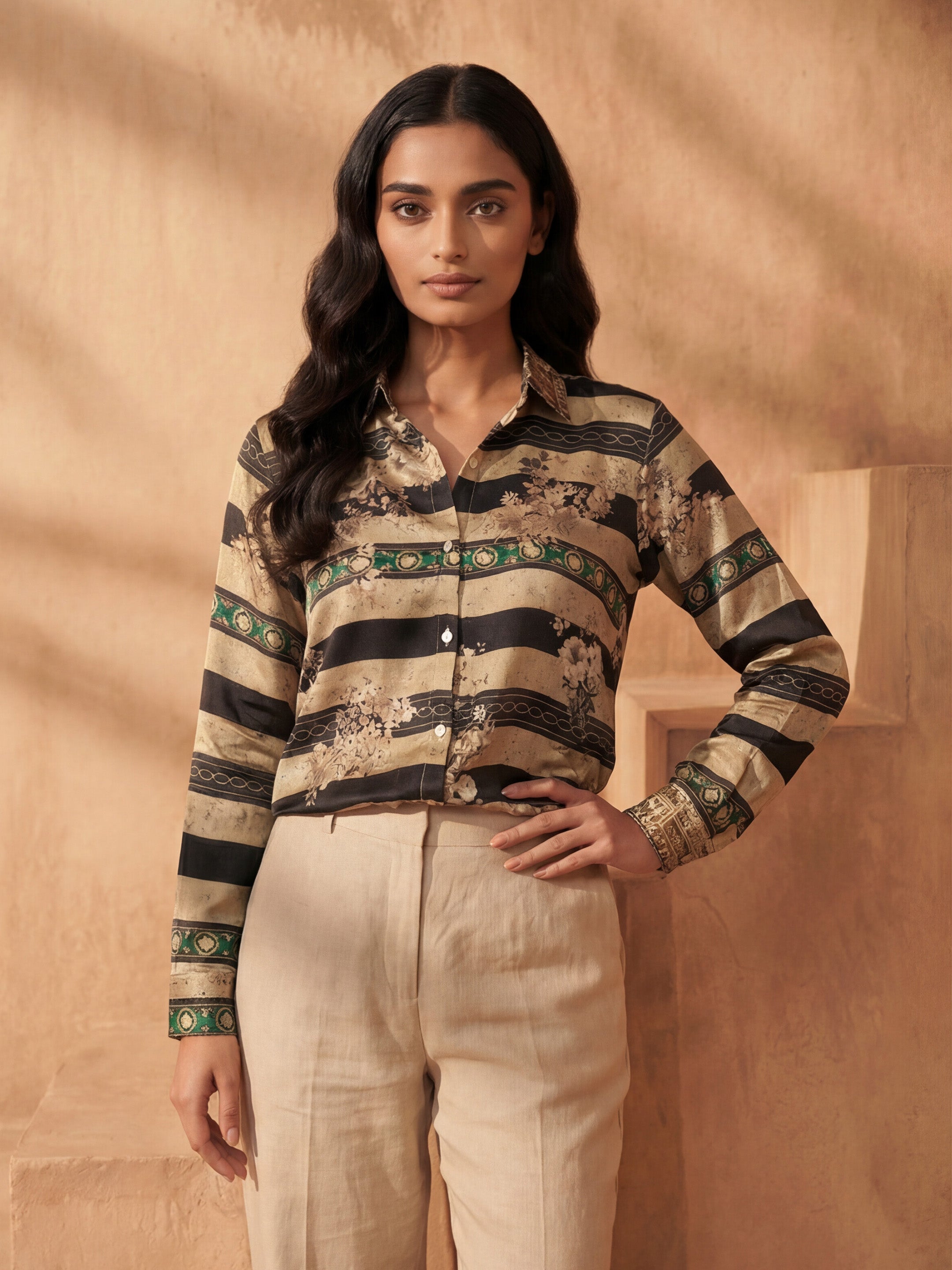 Hazel Beige Black Crepe Printed Shirt