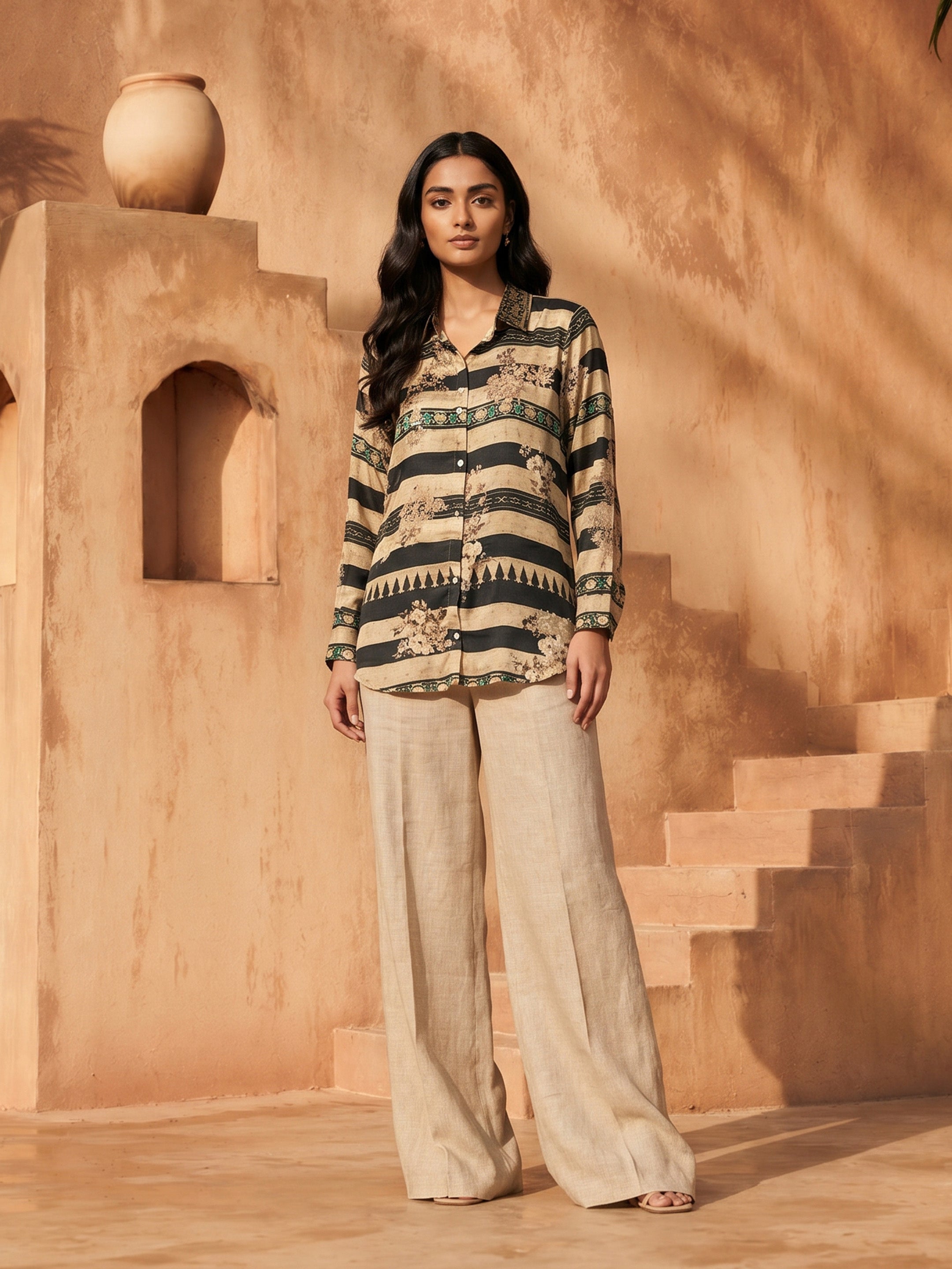 Hazel Beige Black Crepe Printed Shirt