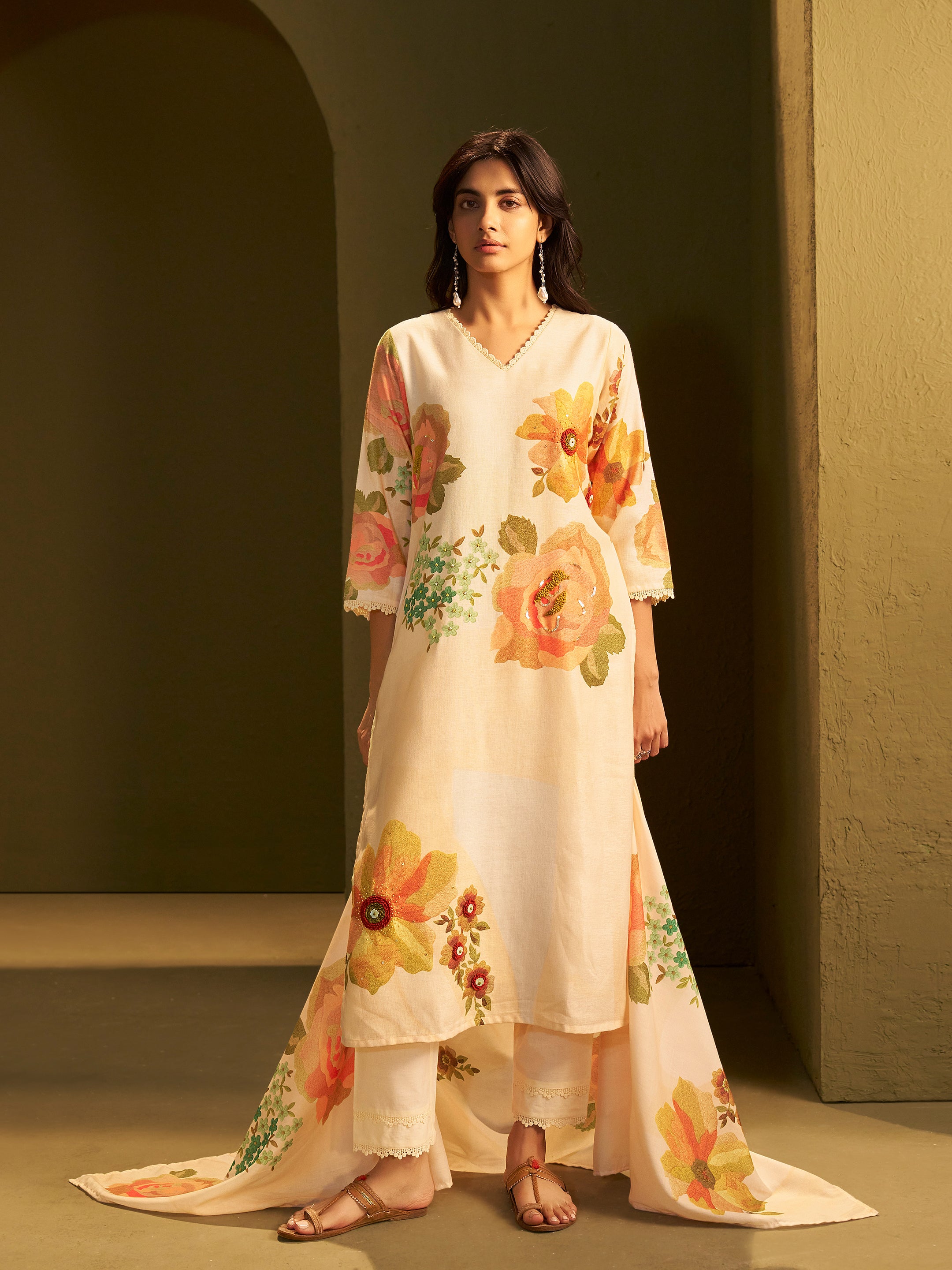 Ananya Beige Linen Printed Set