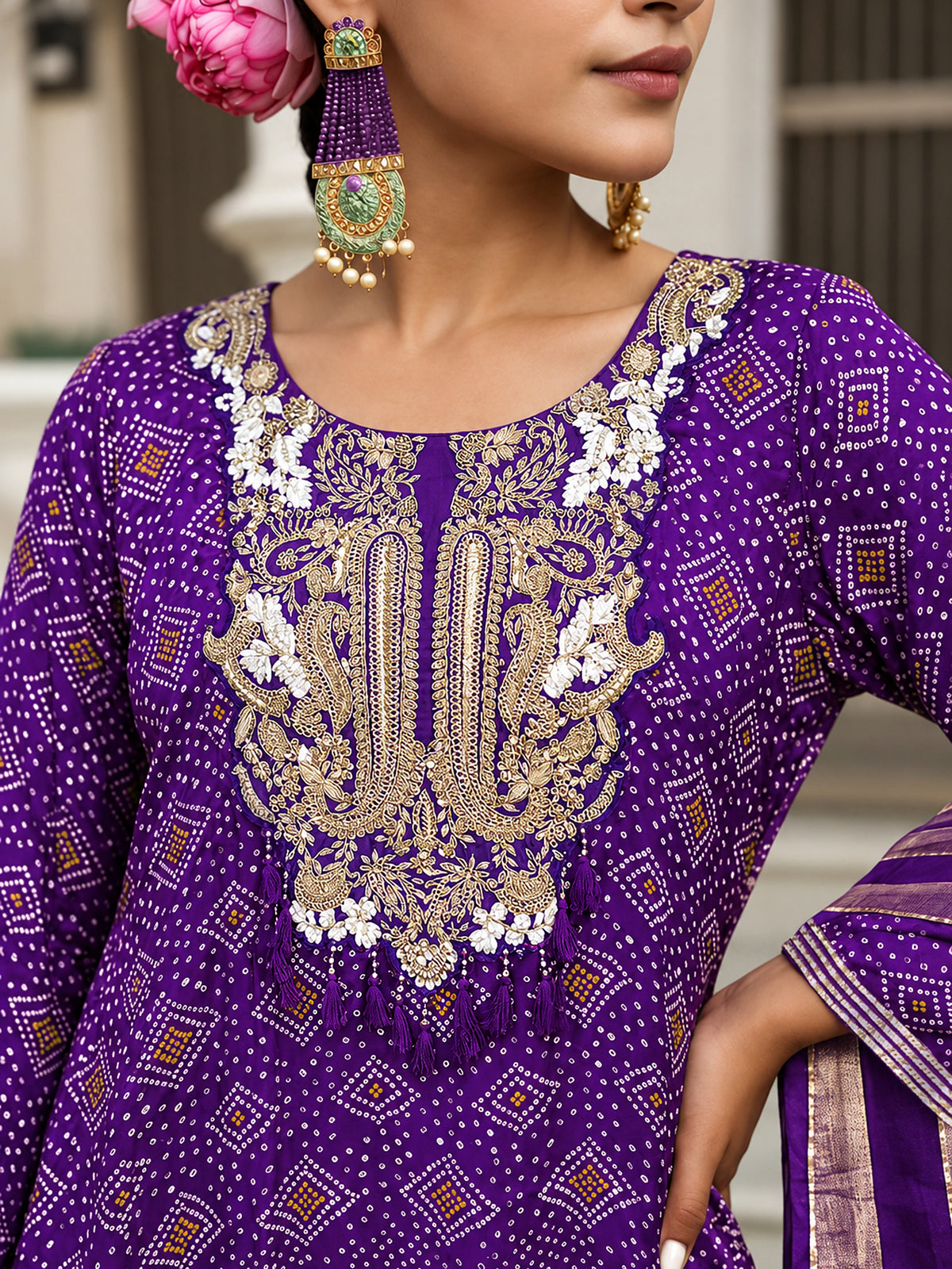 Reeva Purple Pure Viscose Bandhani Print & Embroidered Suit Set