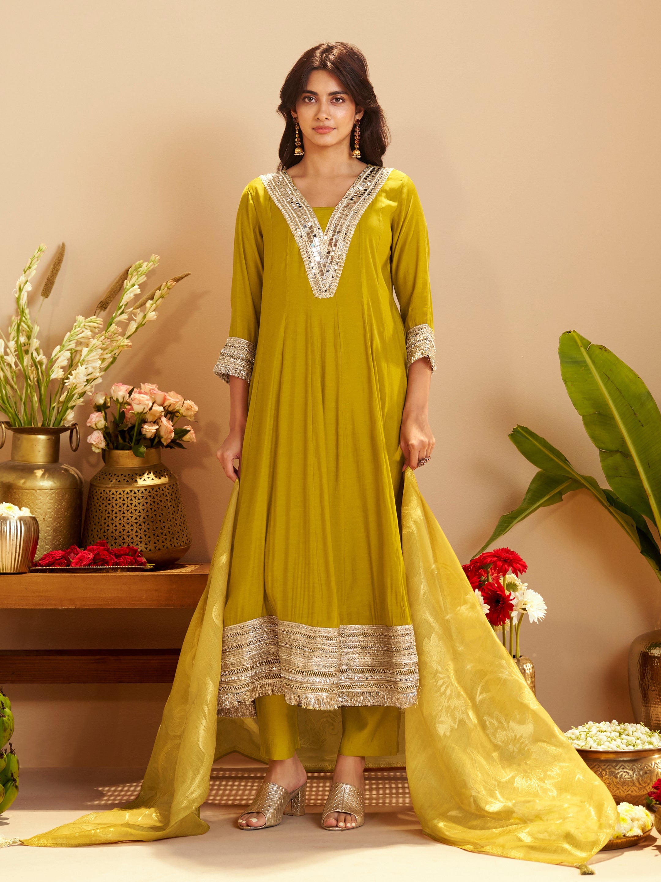 Kesar Mustard Chanderi Mirror Work Suit Set