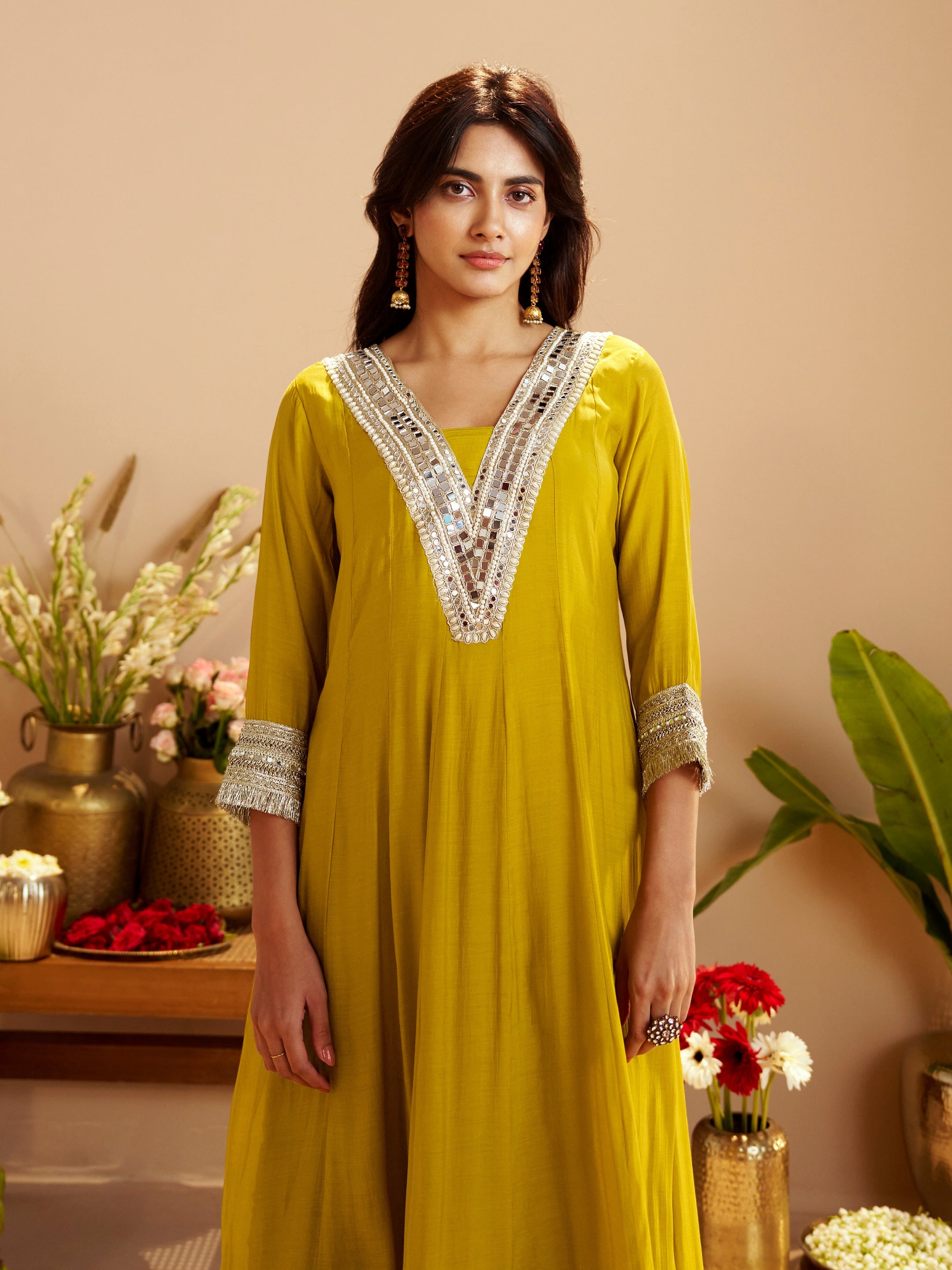 Kesar Mustard Chanderi Mirror Work Suit Set