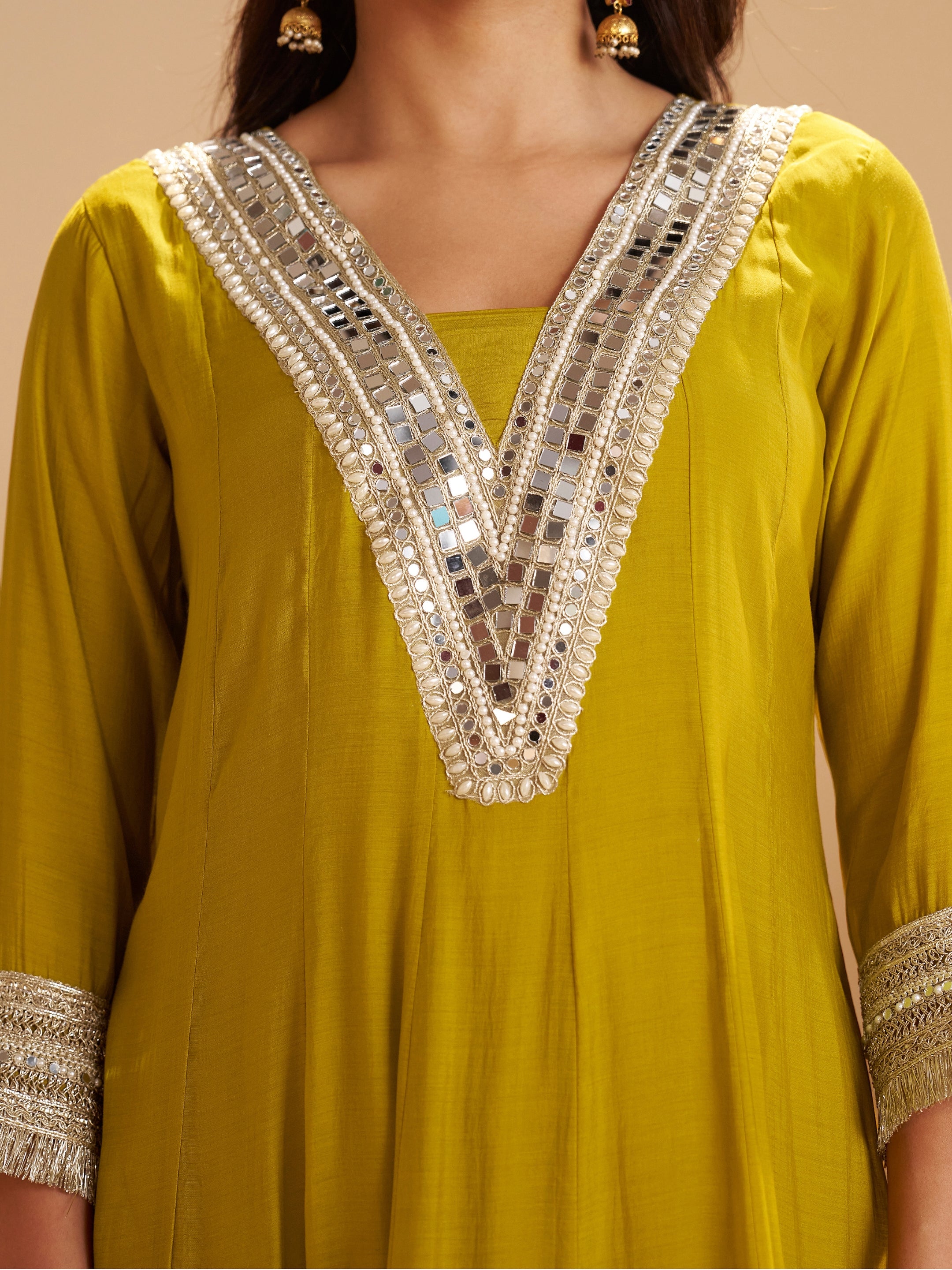 Kesar Mustard Chanderi Mirror Work Suit Set
