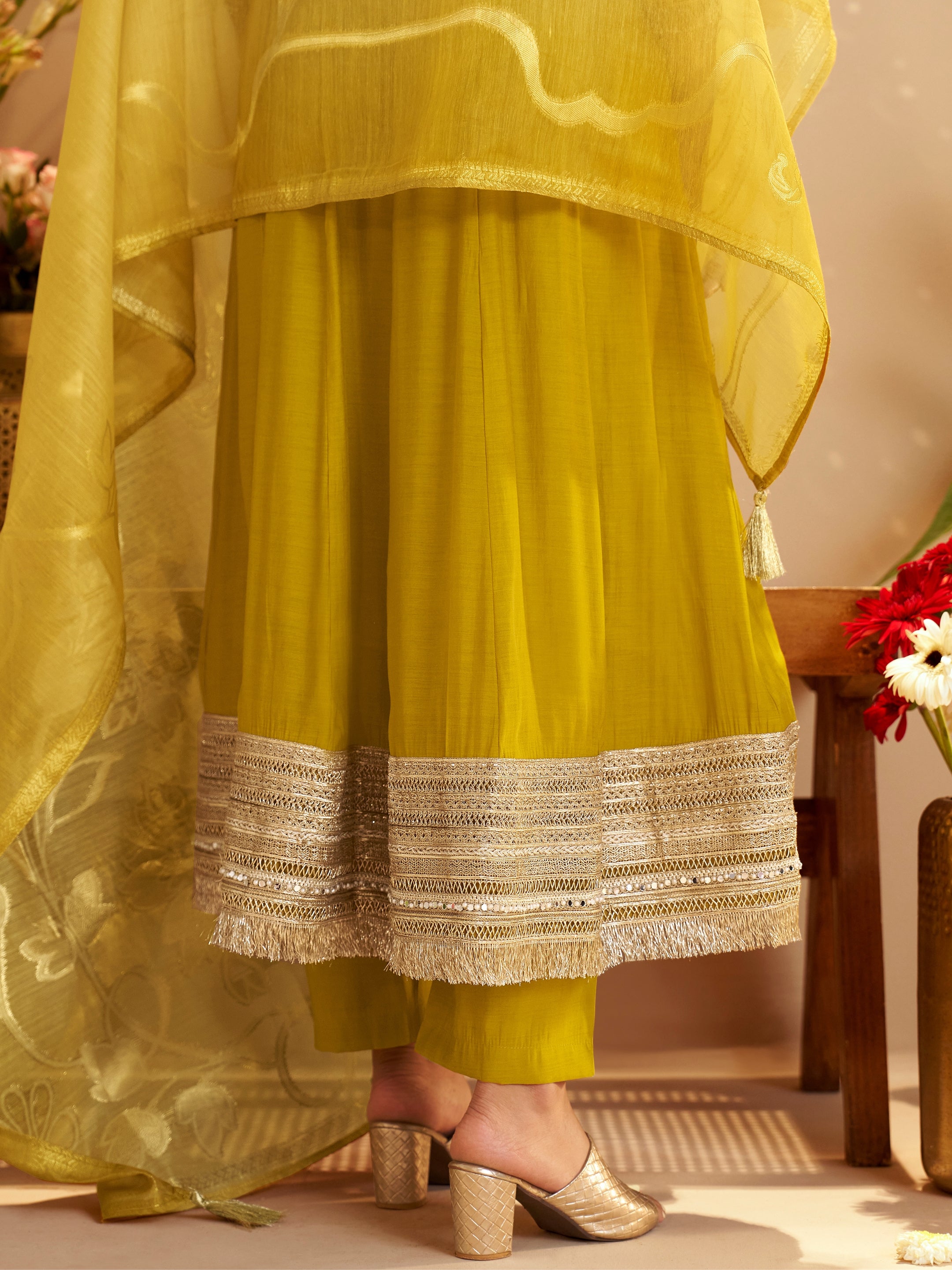 Kesar Mustard Chanderi Mirror Work Suit Set