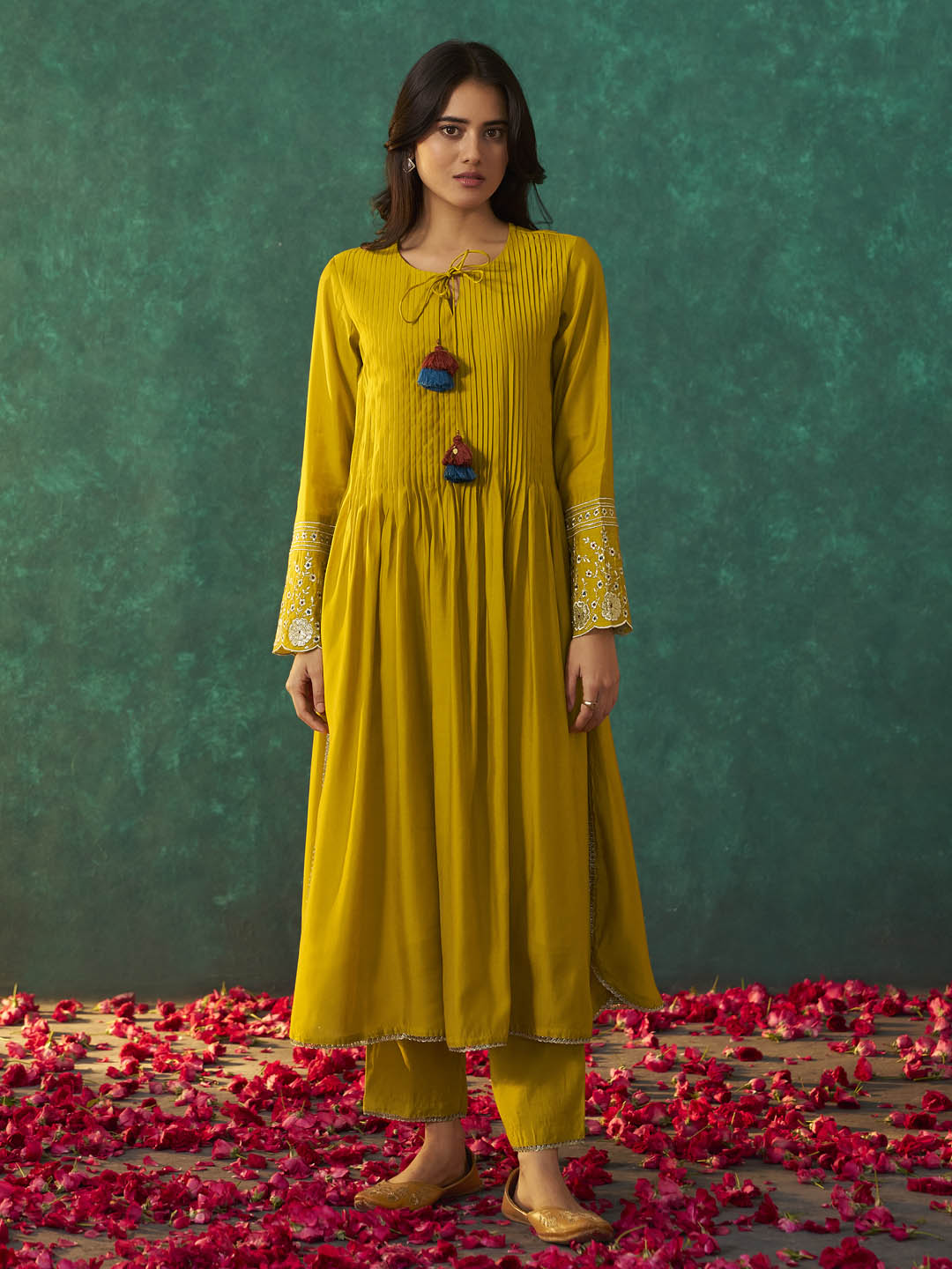 Svarna Roman Silk Flared Tassel Kurta Set