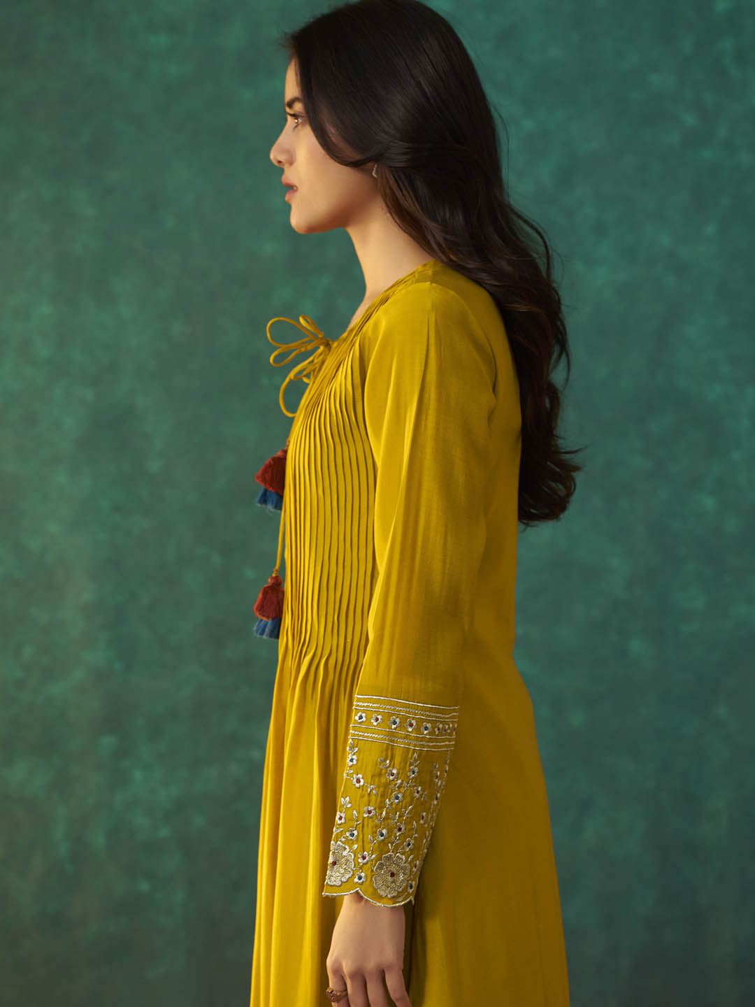 Svarna Roman Silk Flared Tassel Kurta Set