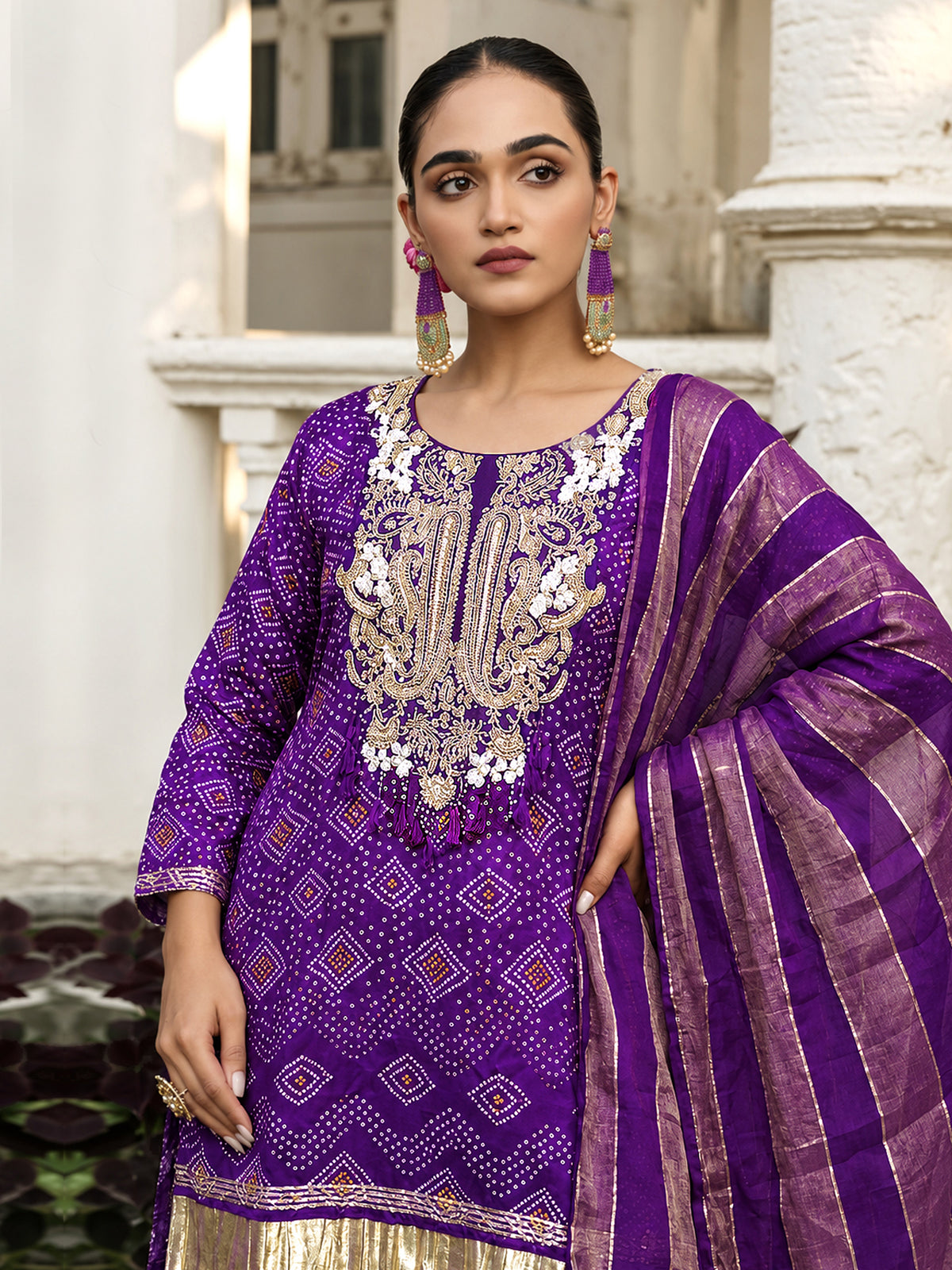 Reeva Purple Pure Viscose Bandhani Print & Embroidered Suit Set