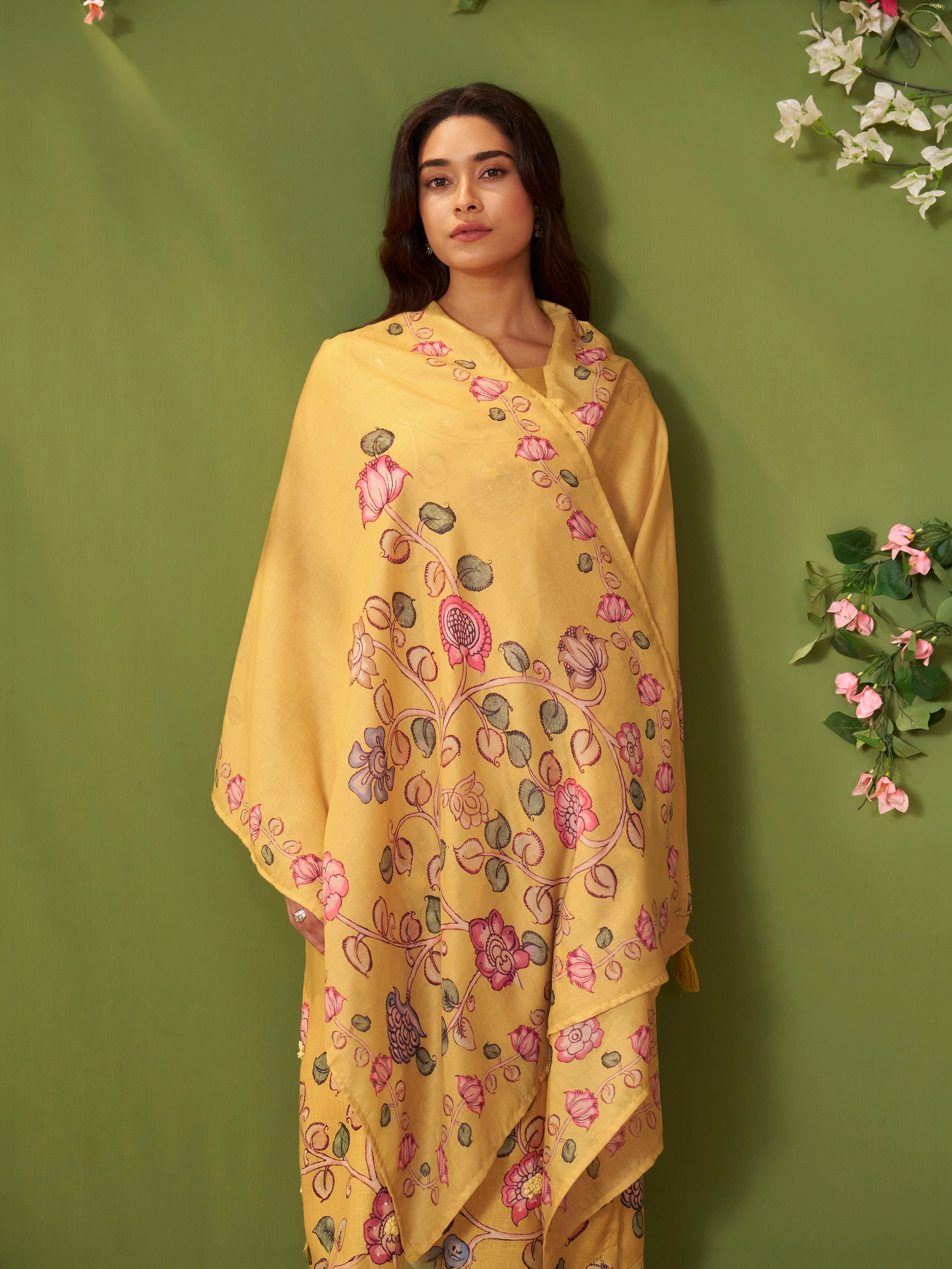 Kesari Yellow Linen Mul Suit Set