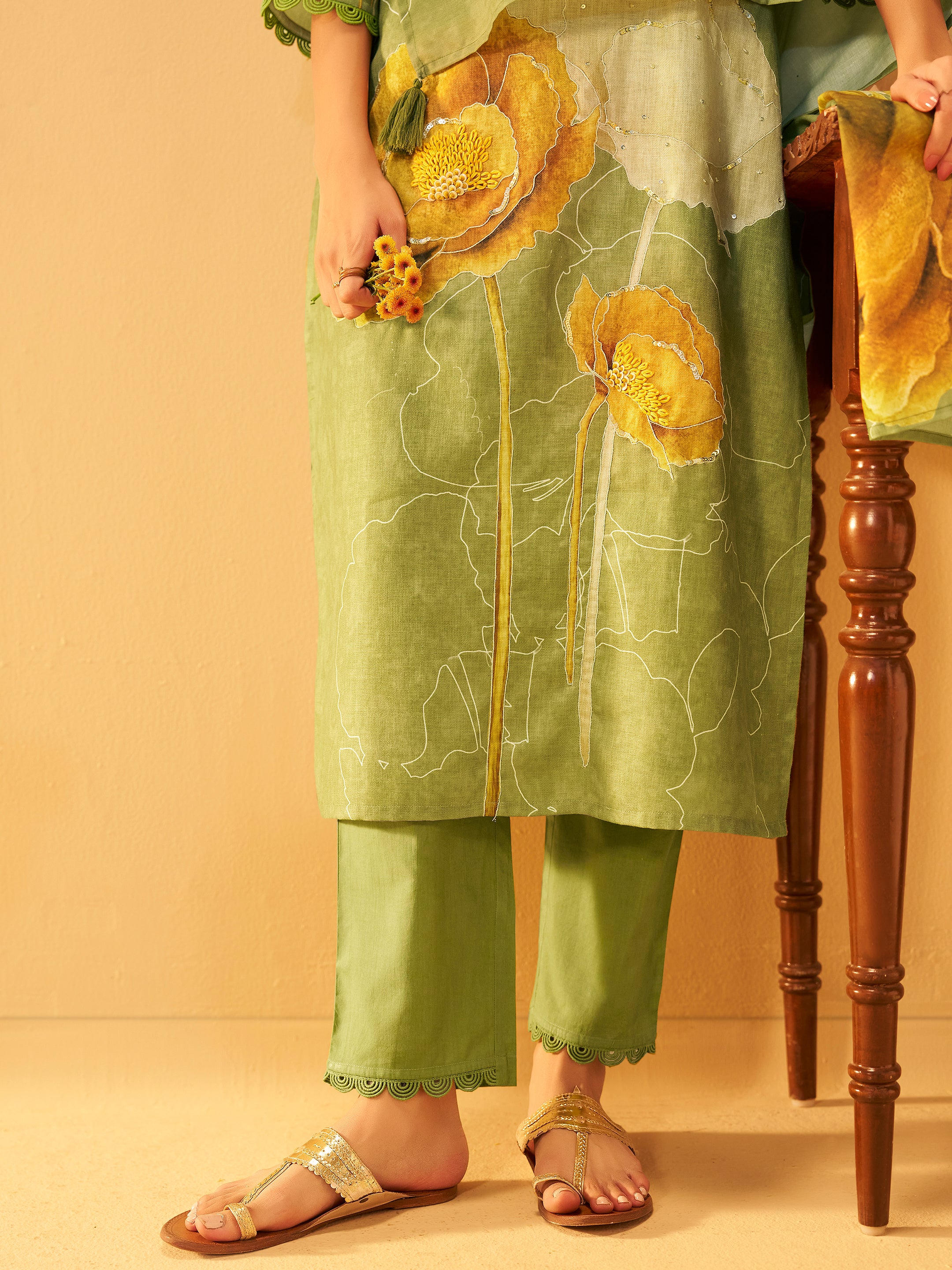 Janya Green Linen Printed Set
