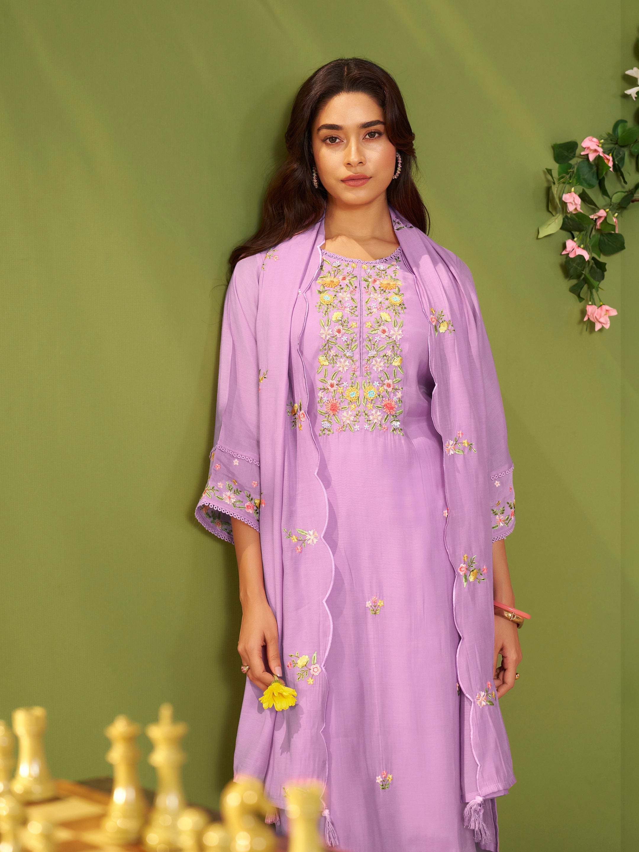 Sona Purple Mul Chanderi Suit Set