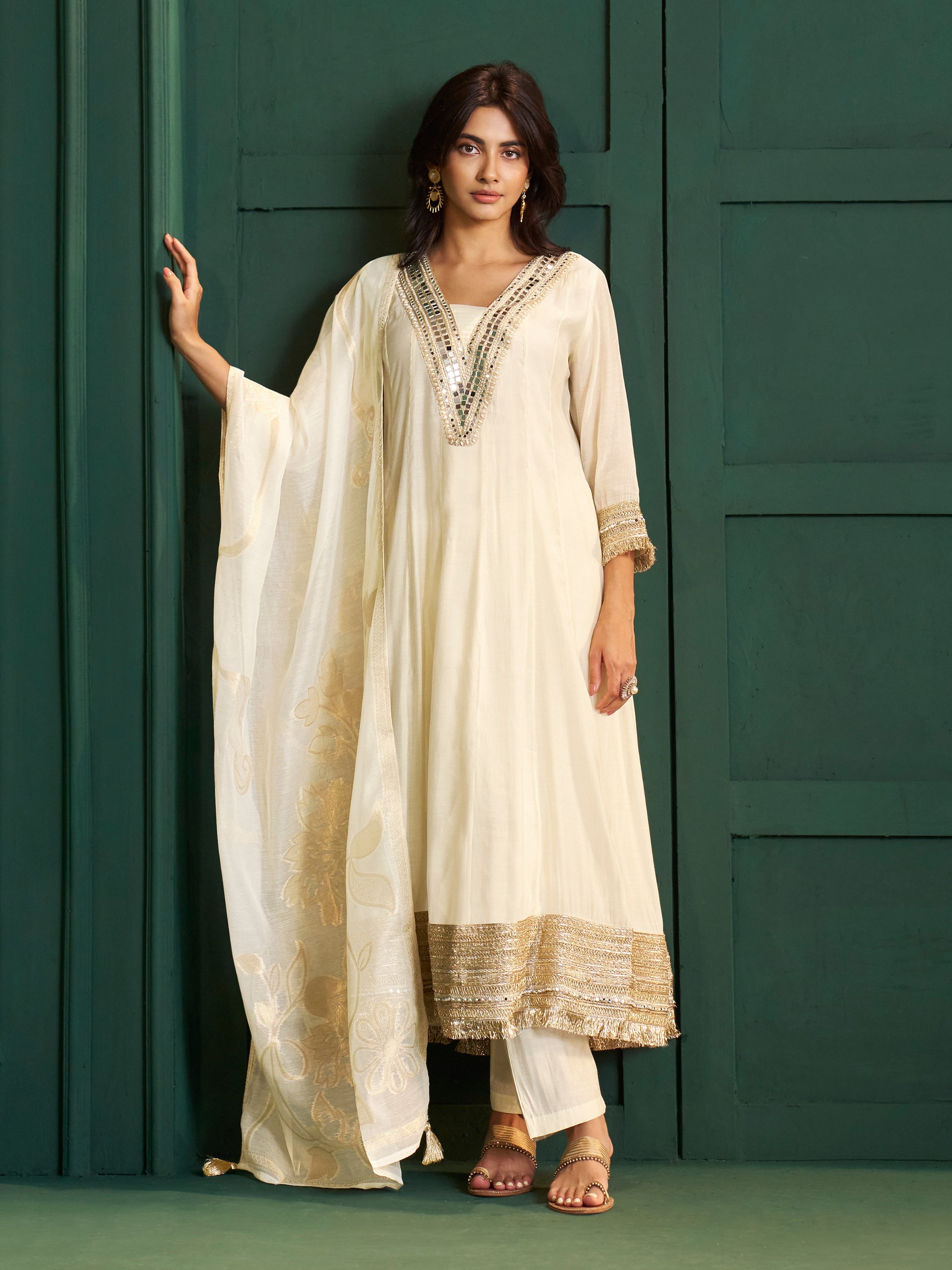 Sitara White Chanderi Mirror Work Suit Set