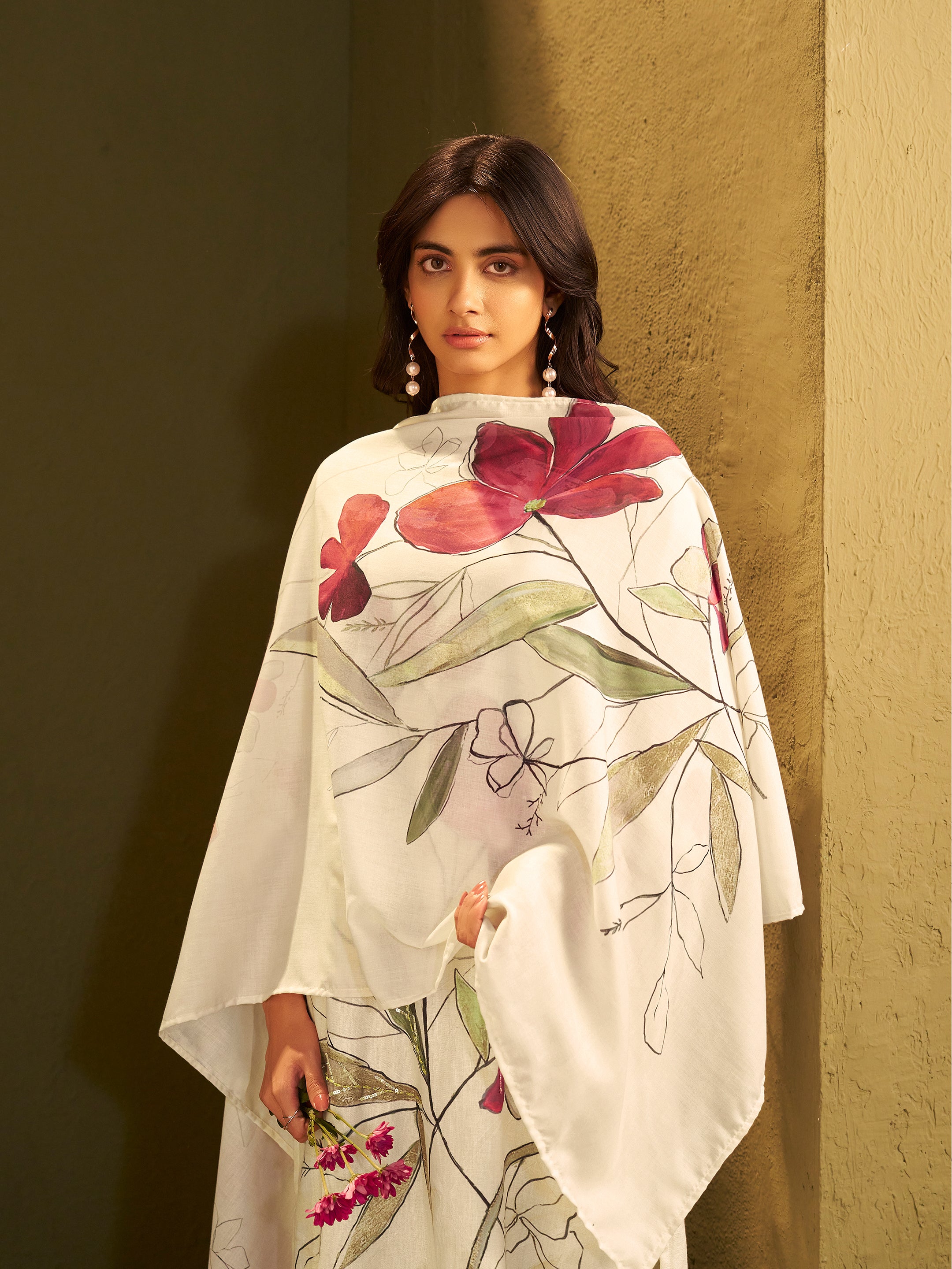 Keya White Linen Printed Set