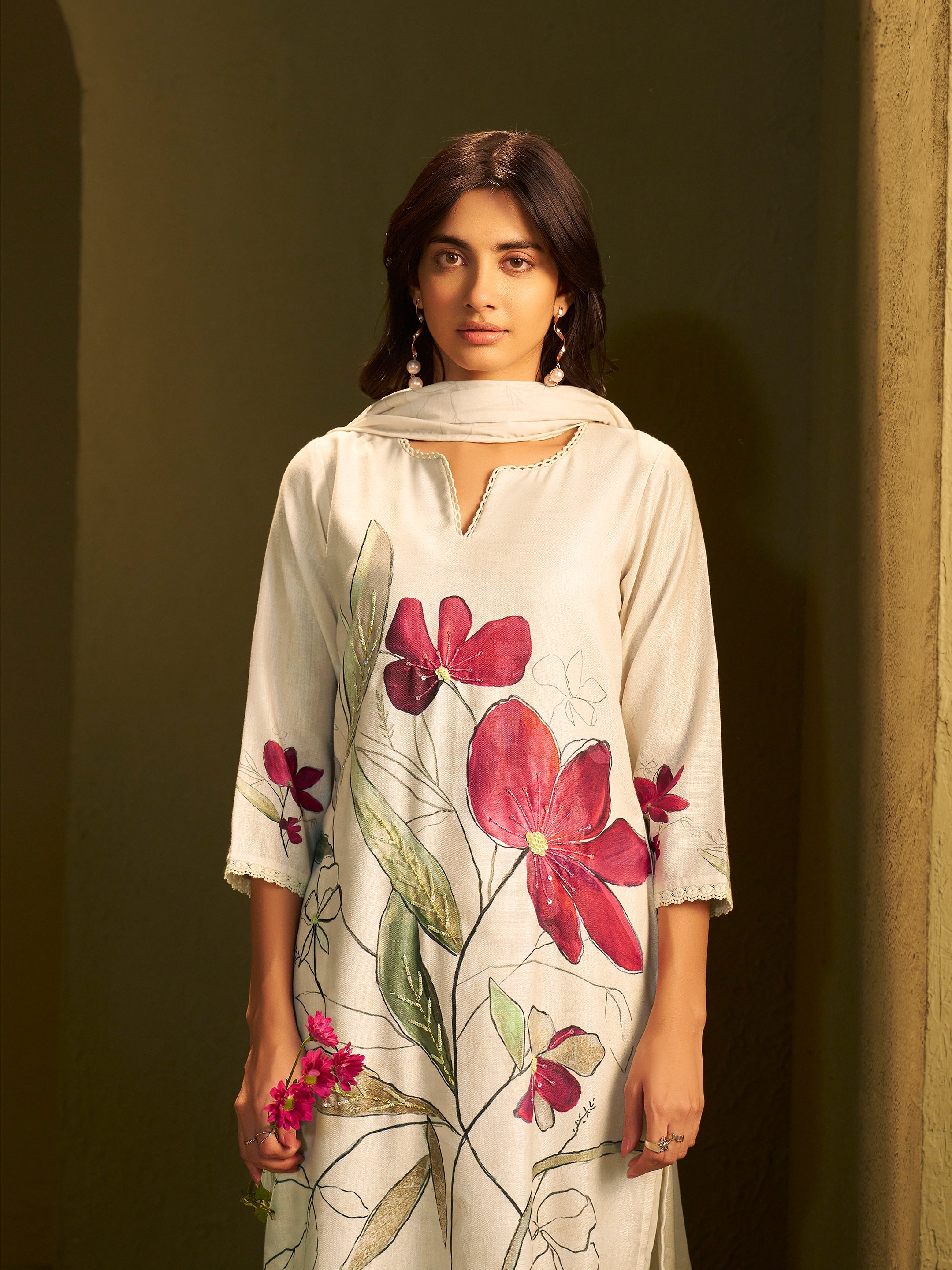 Keya White Linen Printed Set