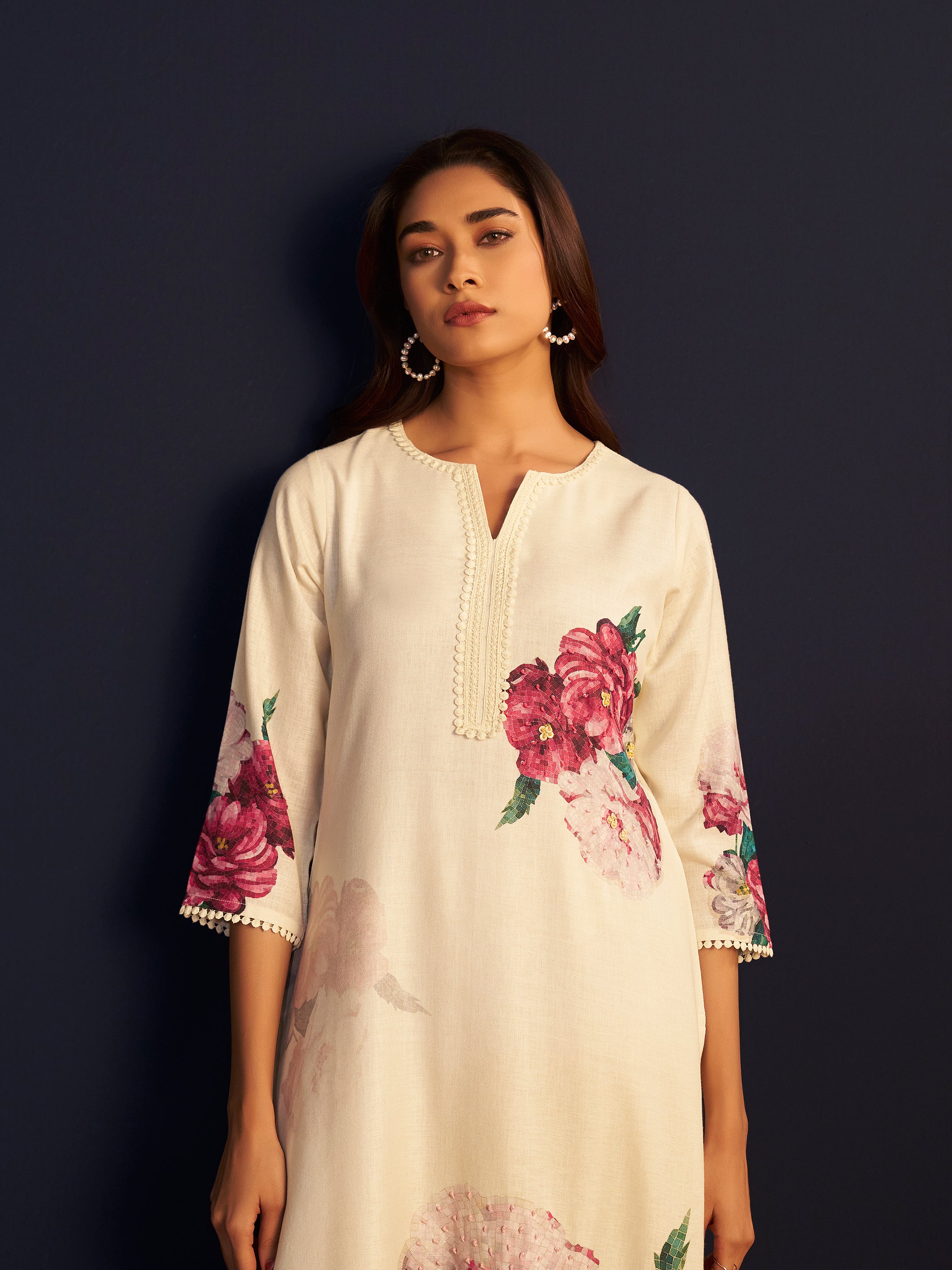 Riana White Linen Floral Printed Set