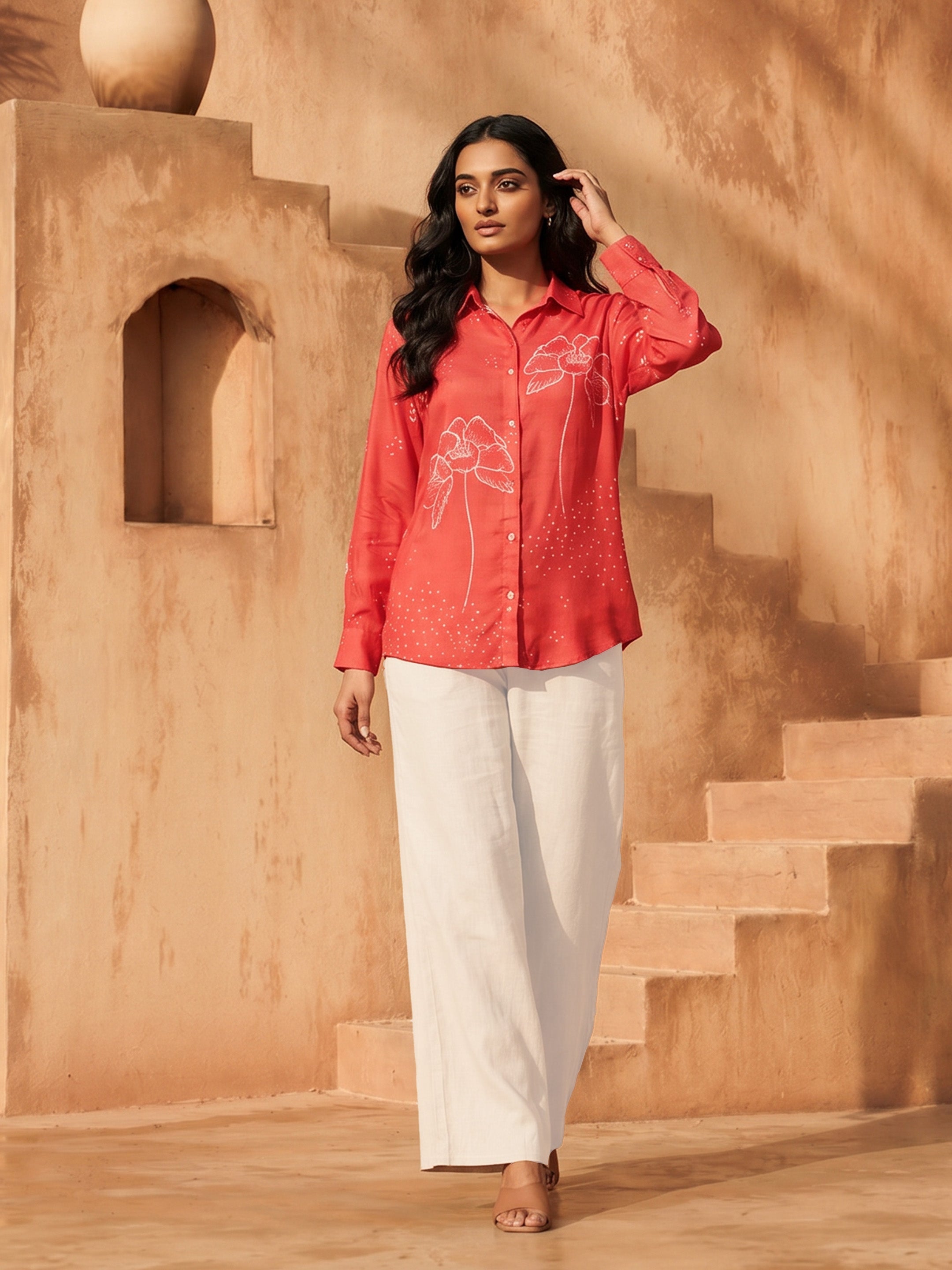 Scarlett Red Crepe Printed Shirt