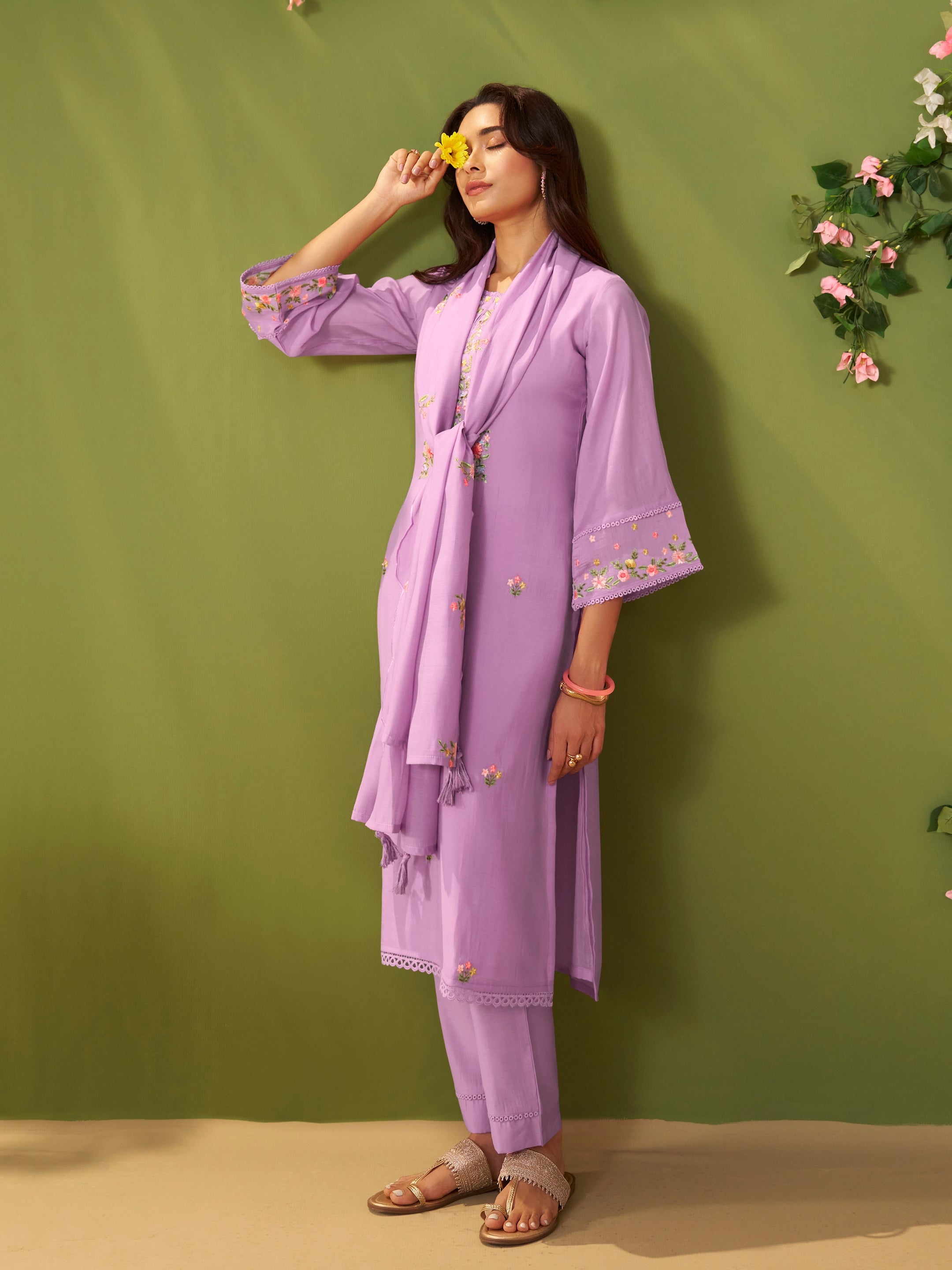Sona Purple Mul Chanderi Suit Set