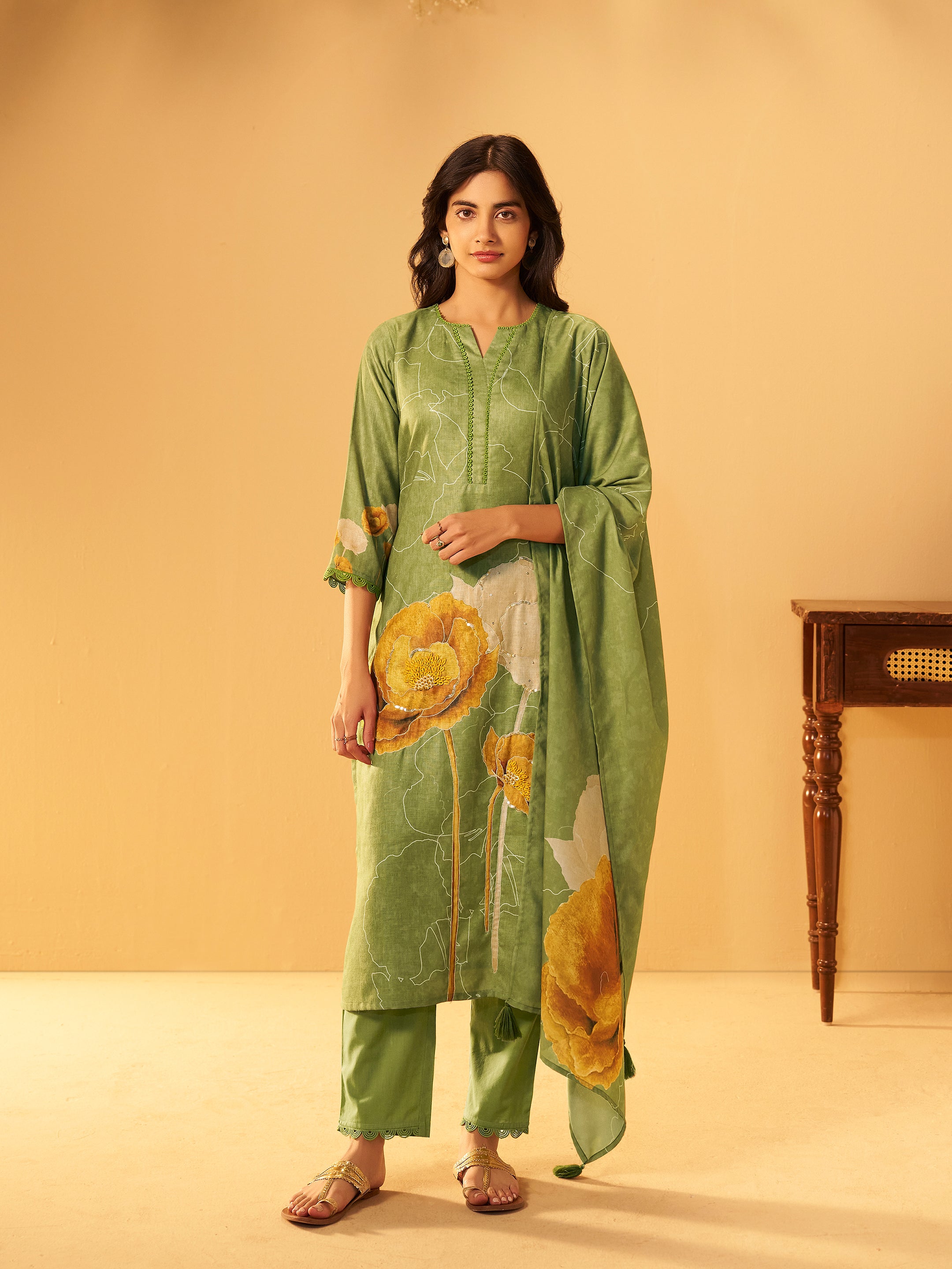 Janya Green Linen Printed Set