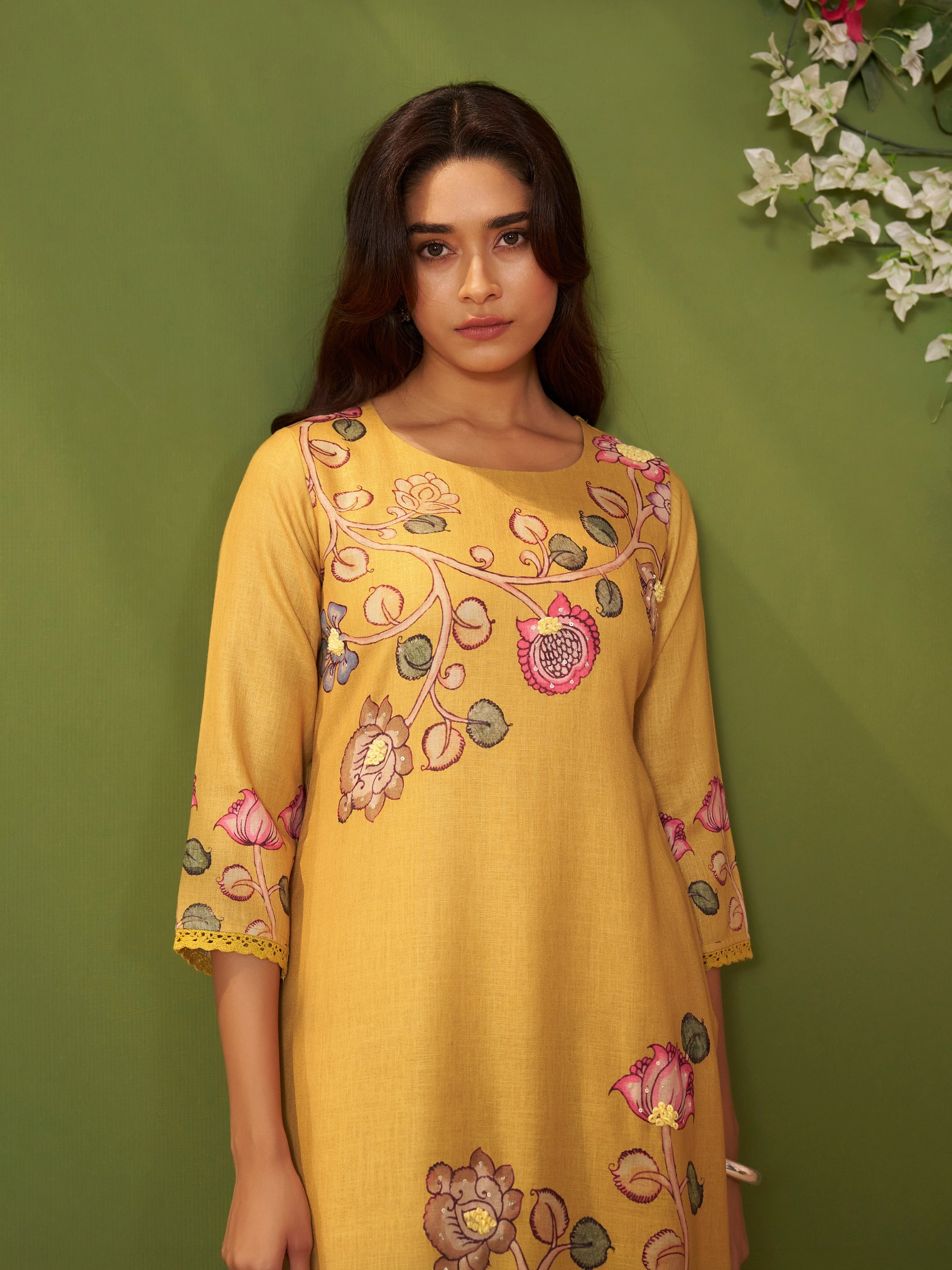 Kesari Yellow Linen Mul Suit Set