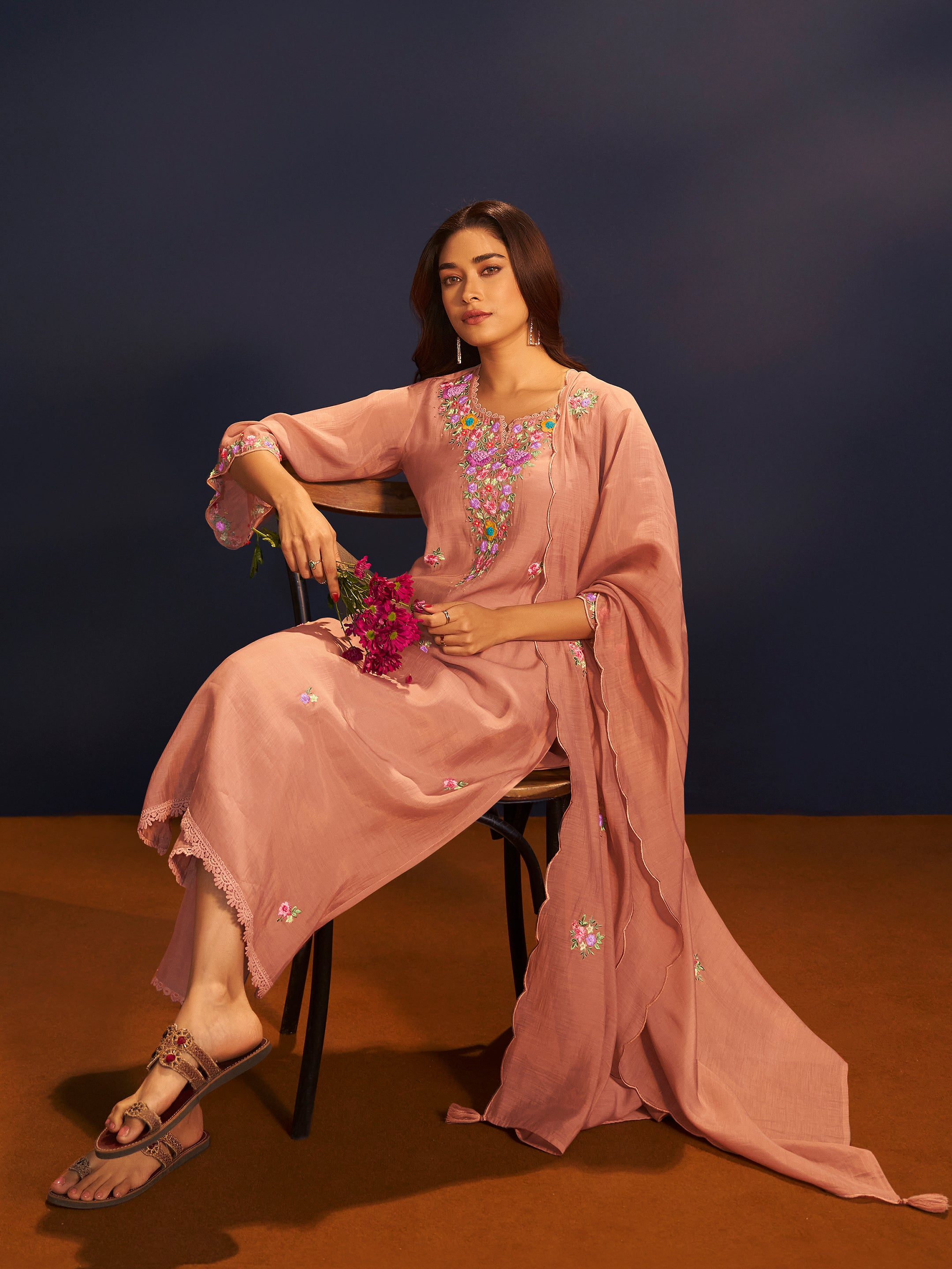 Navika Peach Mul Chanderi Handwork Set