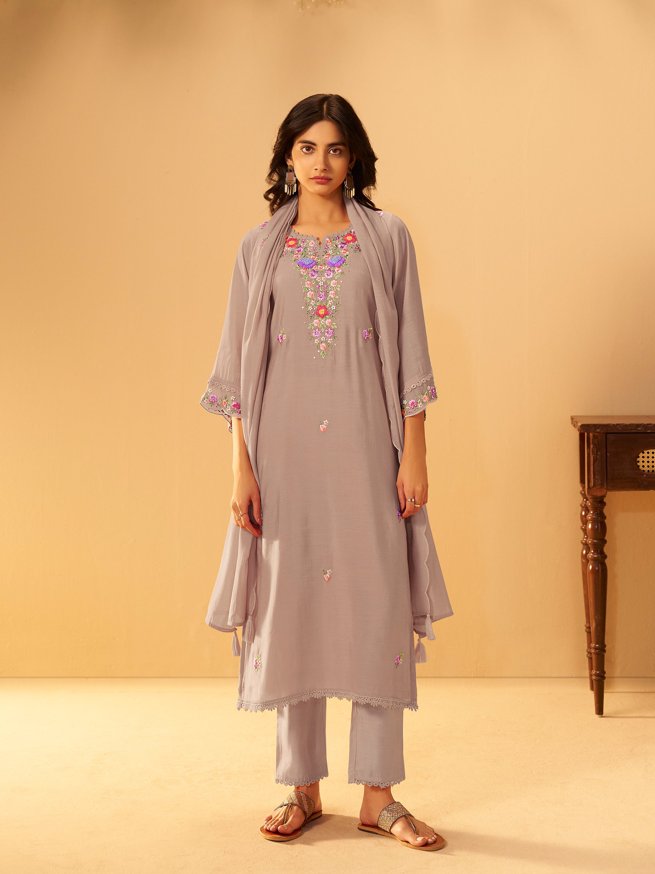 Inaya Grey Mul Chanderi Handwork Set