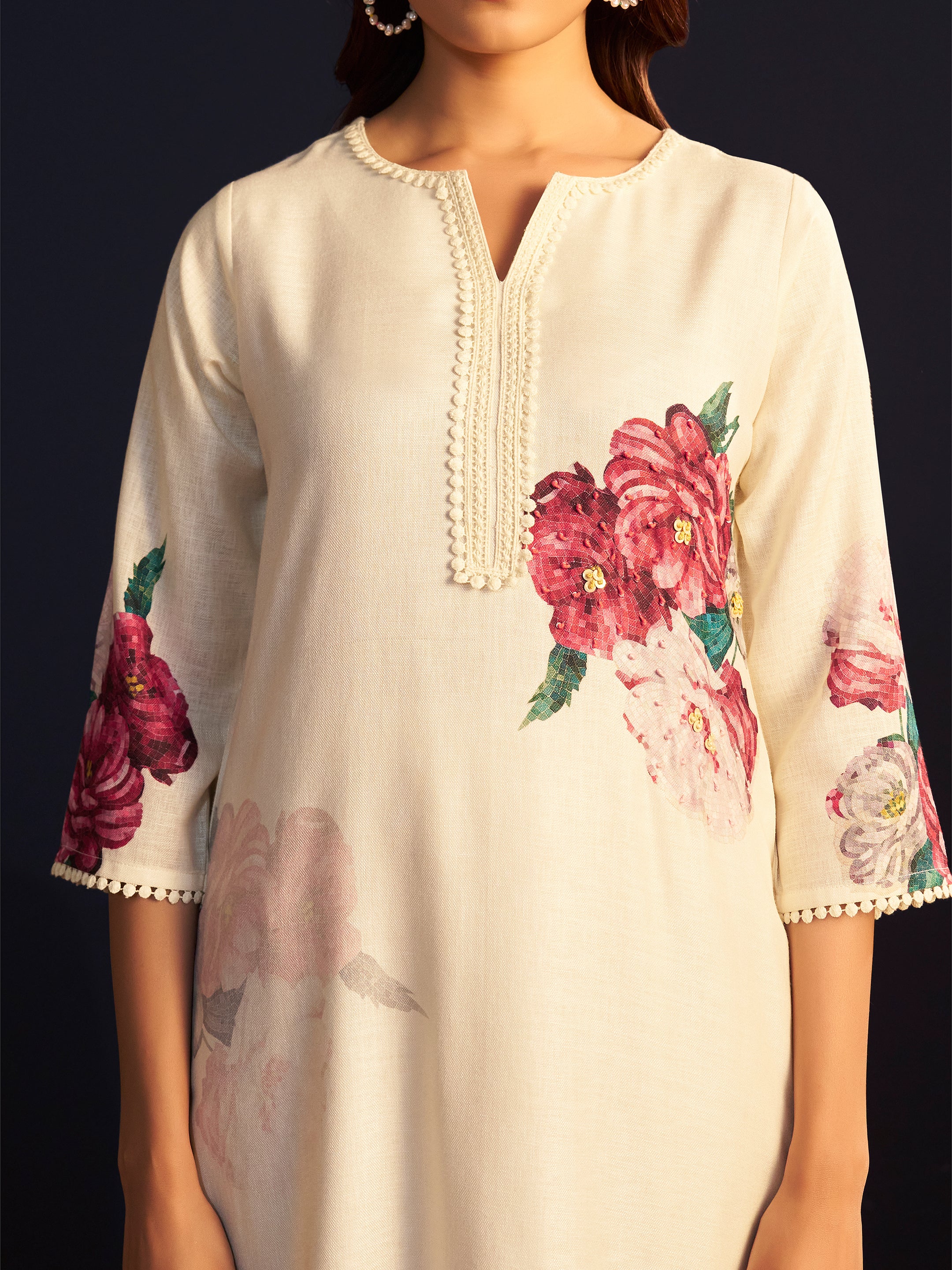 Riana White Linen Floral Printed Set