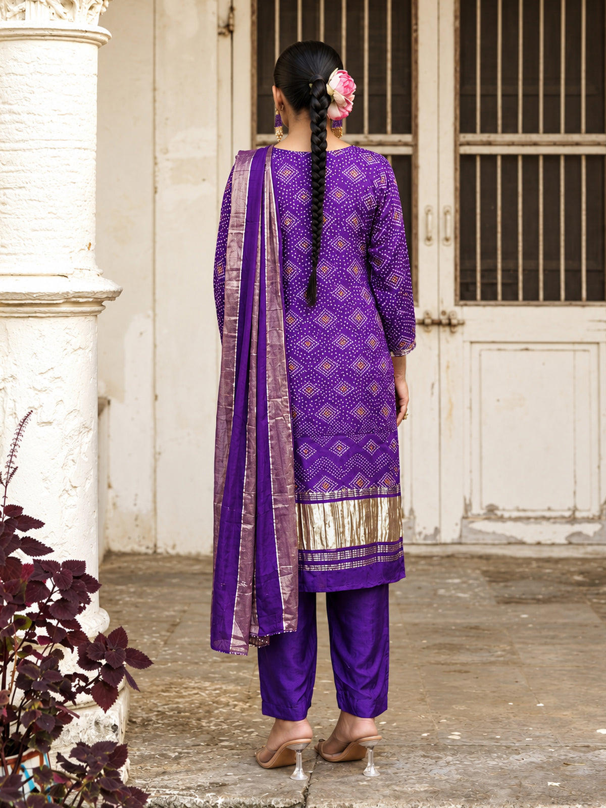 Reeva Purple Pure Viscose Bandhani Print & Embroidered Suit Set
