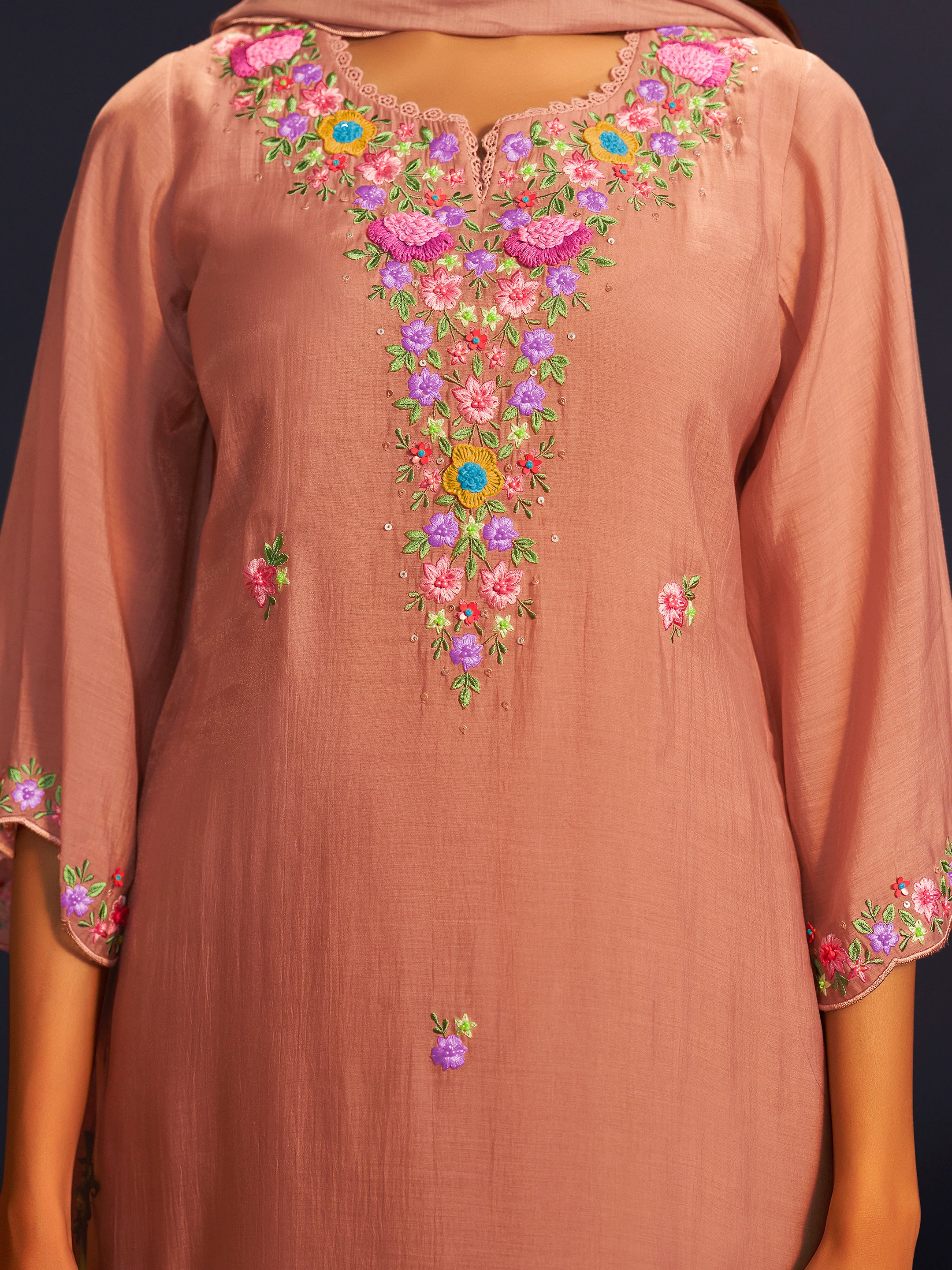 Navika Peach Mul Chanderi Handwork Set