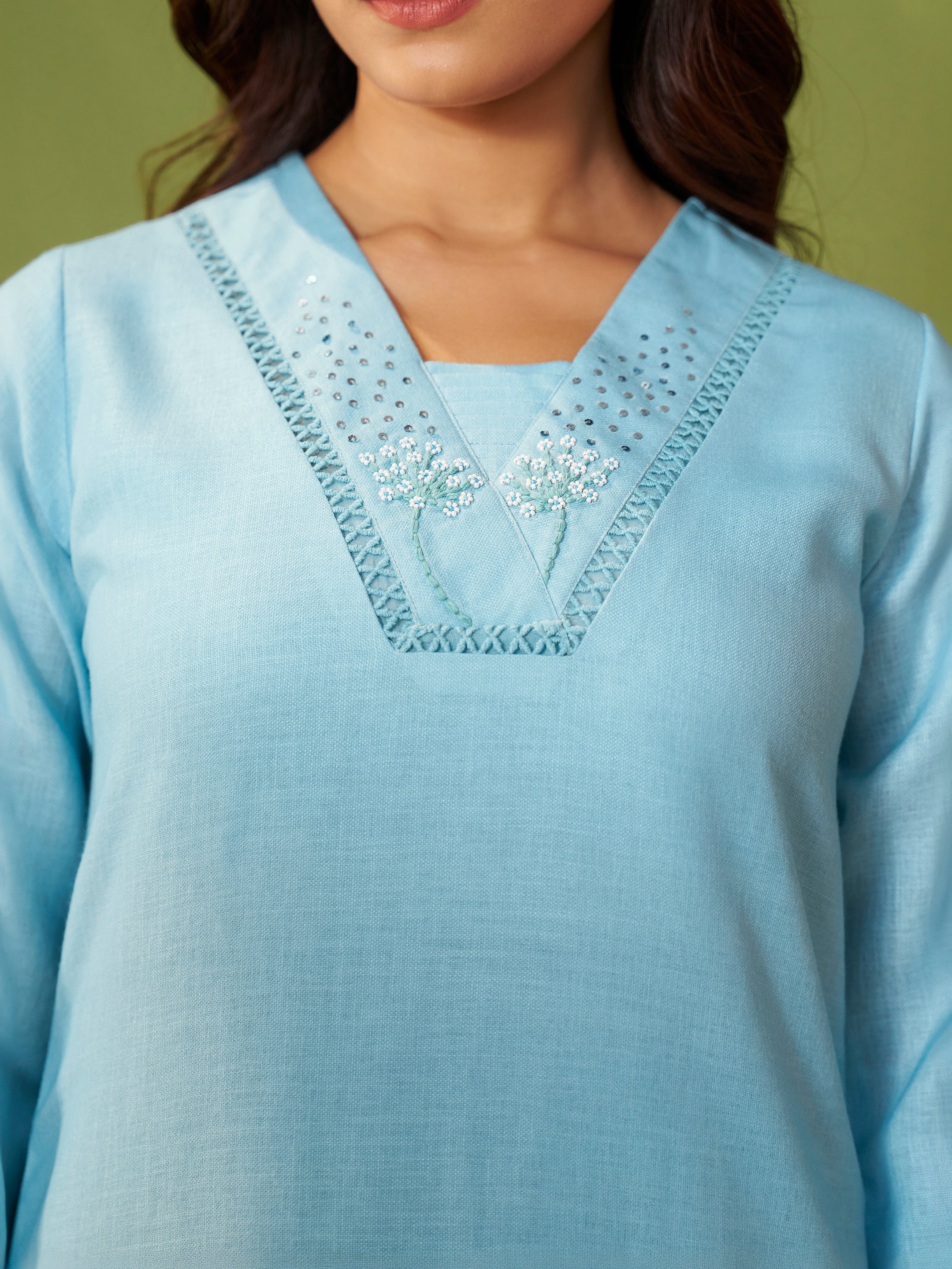 Ambar Blue Linen Mul Suit Set